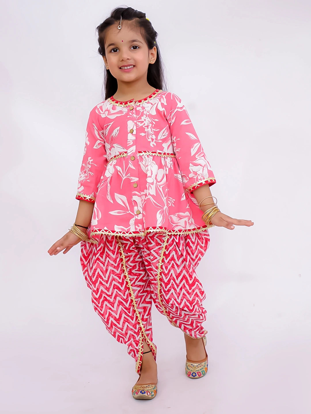 BownBee Floral  3/4th Sleeves Top & Bottom Ethnic Clothing Set For Girls
