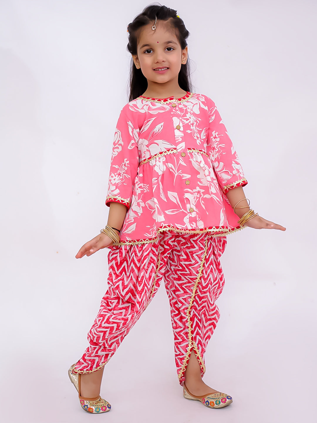 BownBee Floral  3/4th Sleeves Top & Bottom Ethnic Clothing Set For Girls