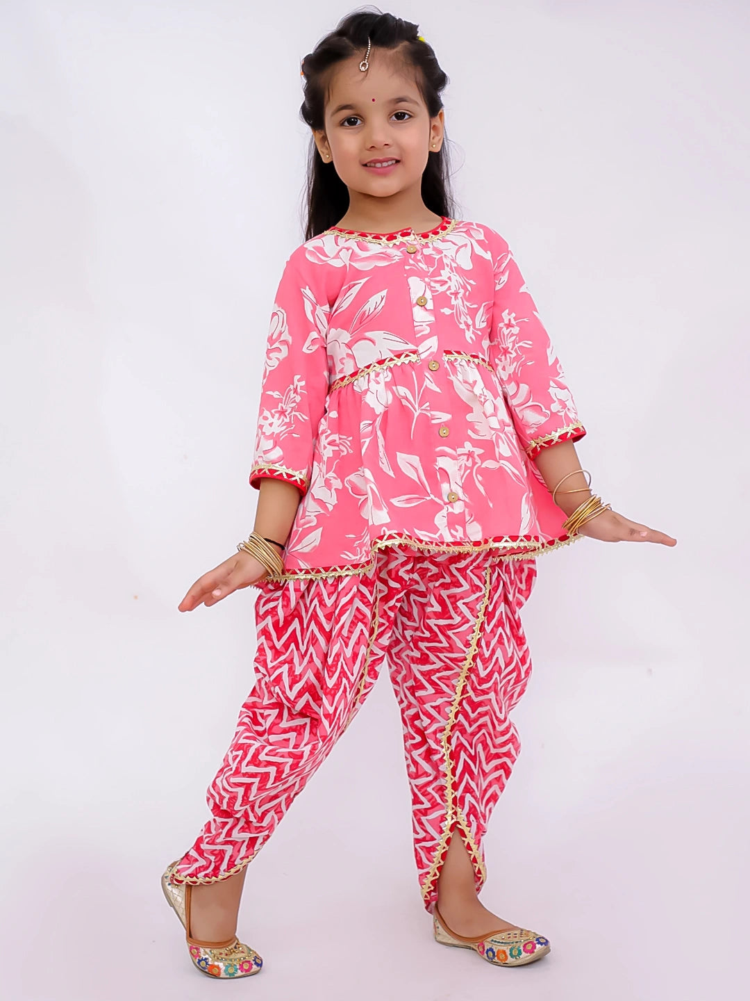 BownBee Floral  3/4th Sleeves Top & Bottom Ethnic Clothing Set For Girls
