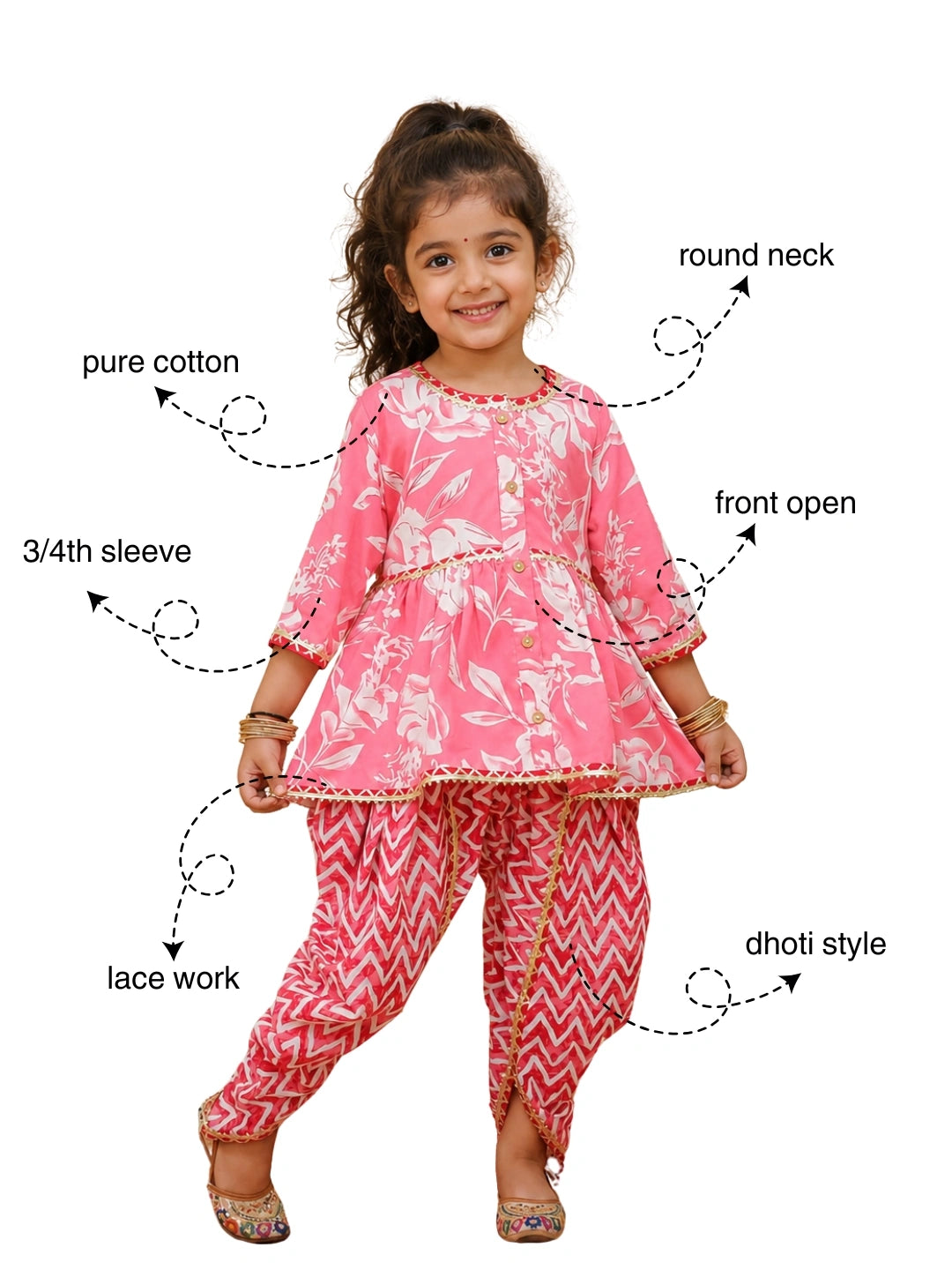 BownBee Floral  3/4th Sleeves Top & Bottom Ethnic Clothing Set For Girls