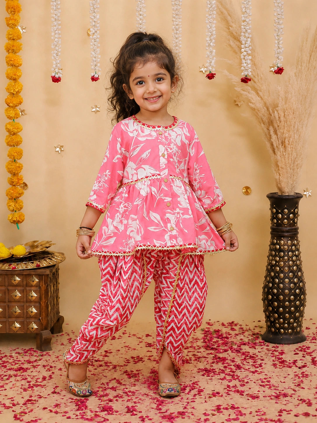 BownBee Floral  3/4th Sleeves Top & Bottom Ethnic Clothing Set For Girls