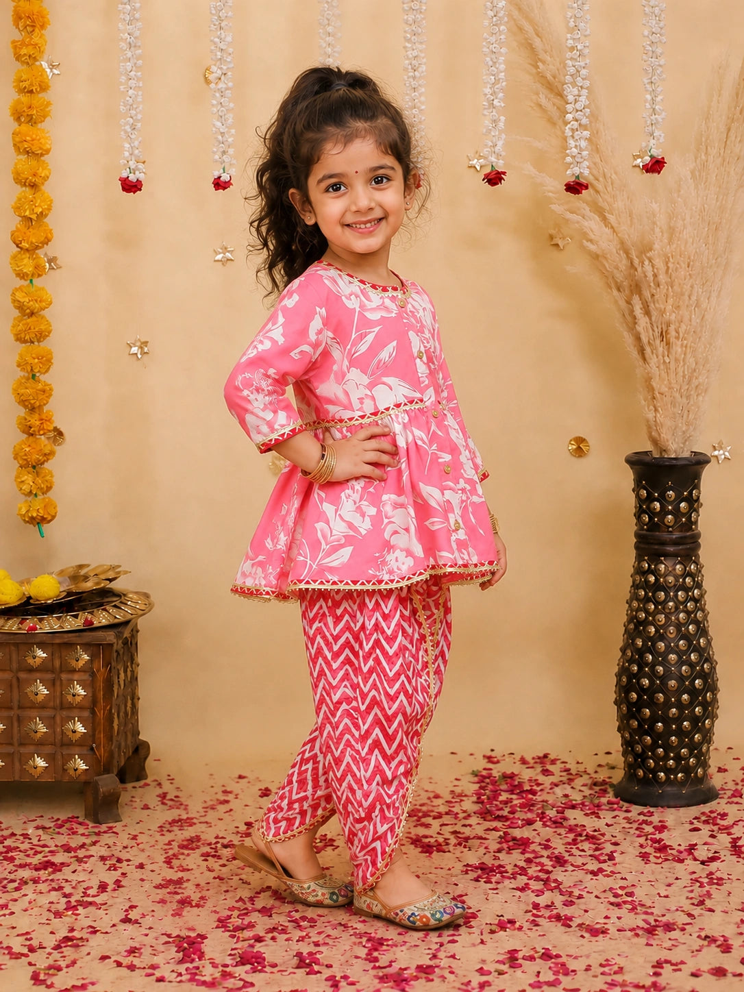 BownBee Floral  3/4th Sleeves Top & Bottom Ethnic Clothing Set For Girls