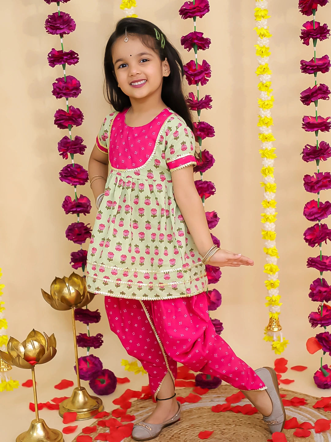 BownBee Floral Short Sleeves Kurti With Dhoti Set For Girls