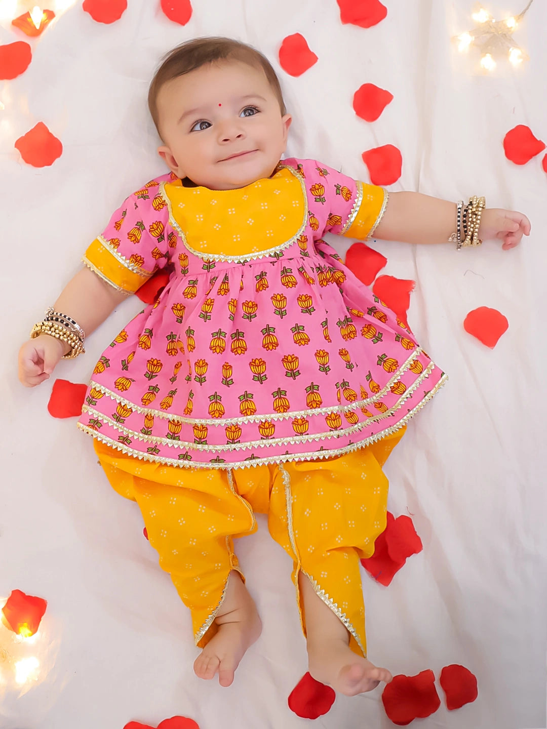 BownBee Floral Short Sleeves Dhoti Kurta Set For Girls - Pink