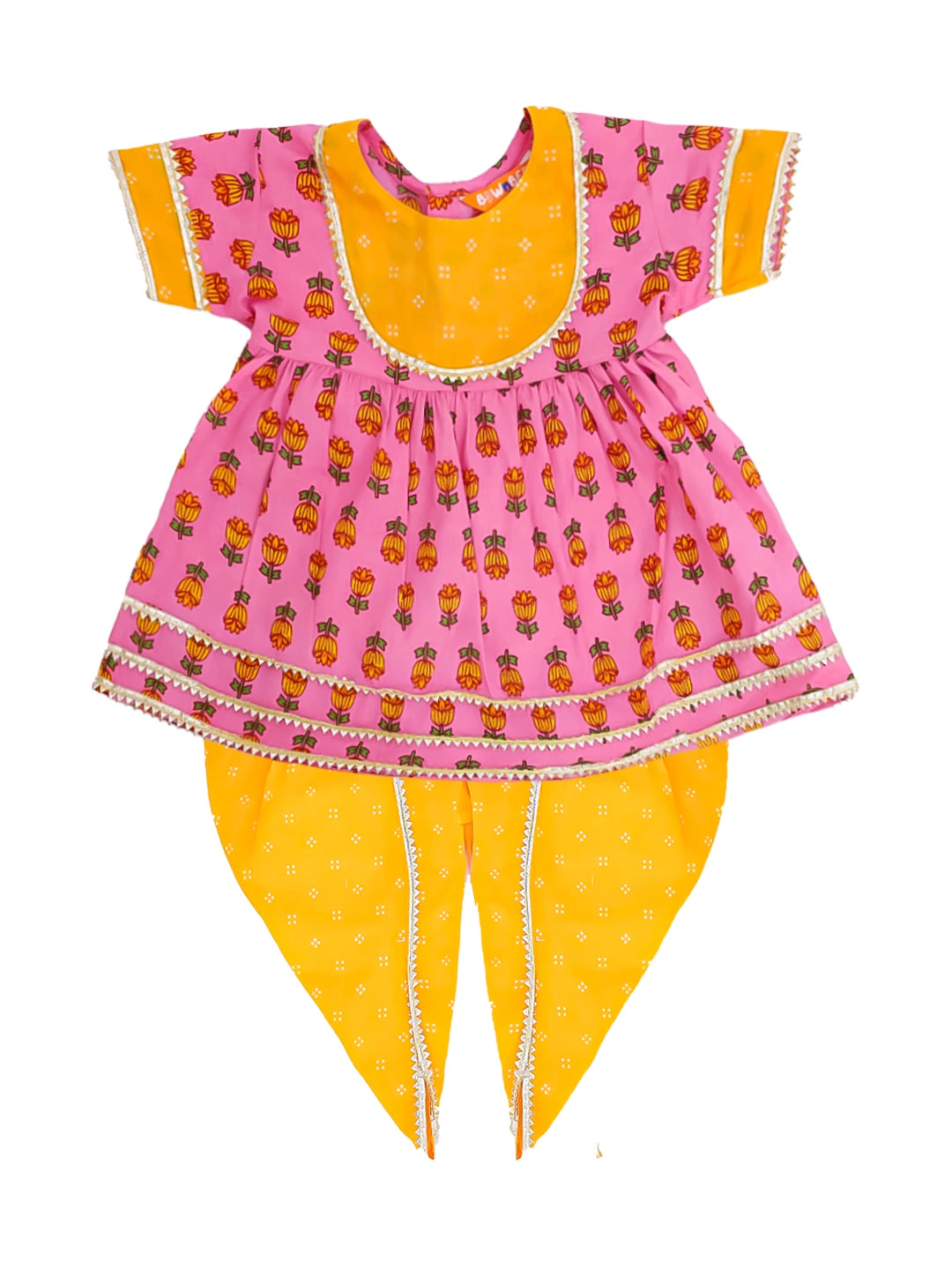 BownBee Floral Short Sleeves Dhoti Kurta Set For Girls - Pink