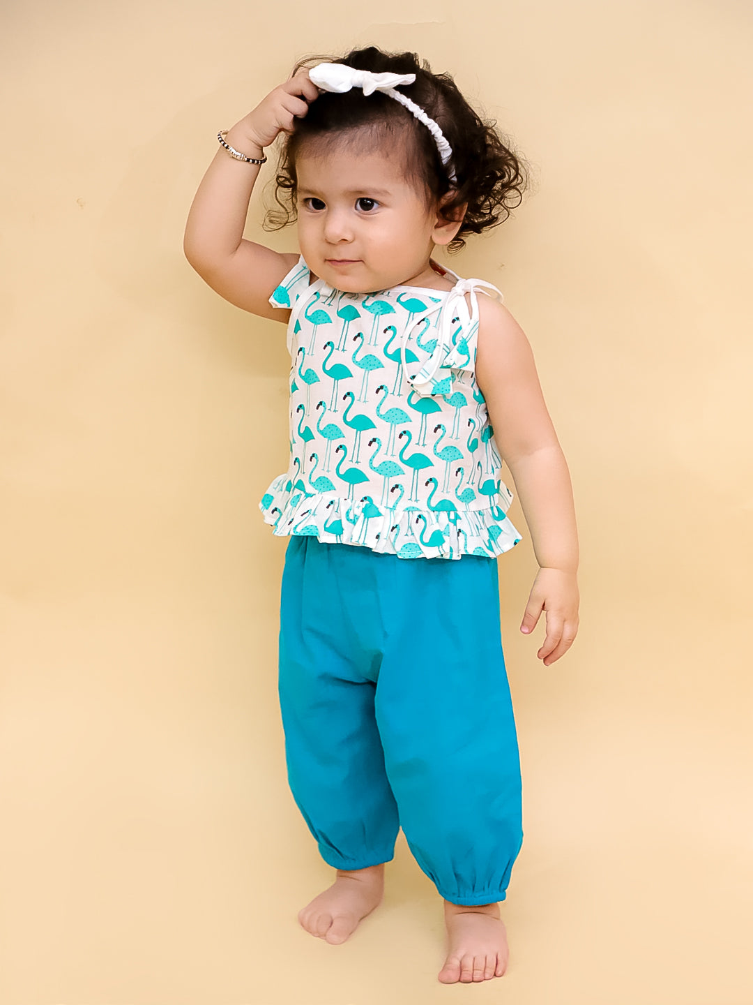 BownBee Sleeveless Jhabla & Harem With Hairband Set For Infant Girls - Green