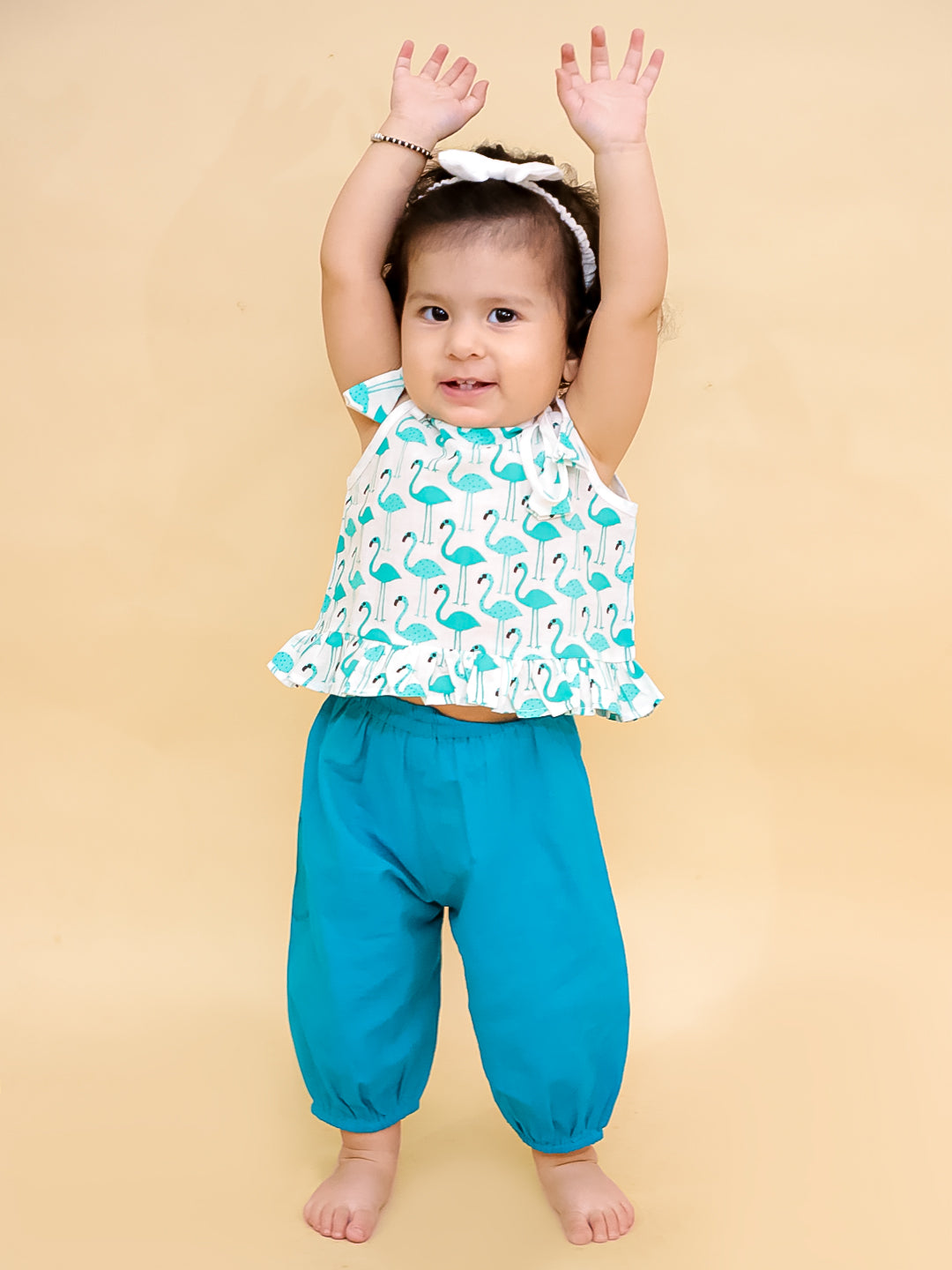 BownBee Sleeveless Jhabla & Harem With Hairband Set For Infant Girls - Green