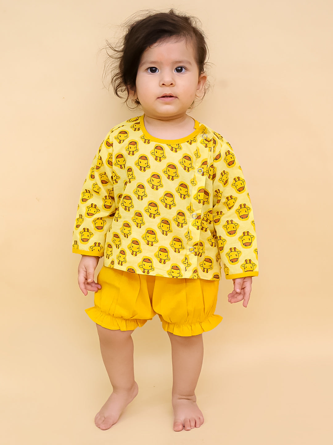 BownBee Short Full Sleeves Jhabla & Shorts Set For Infant Boys - Yellow