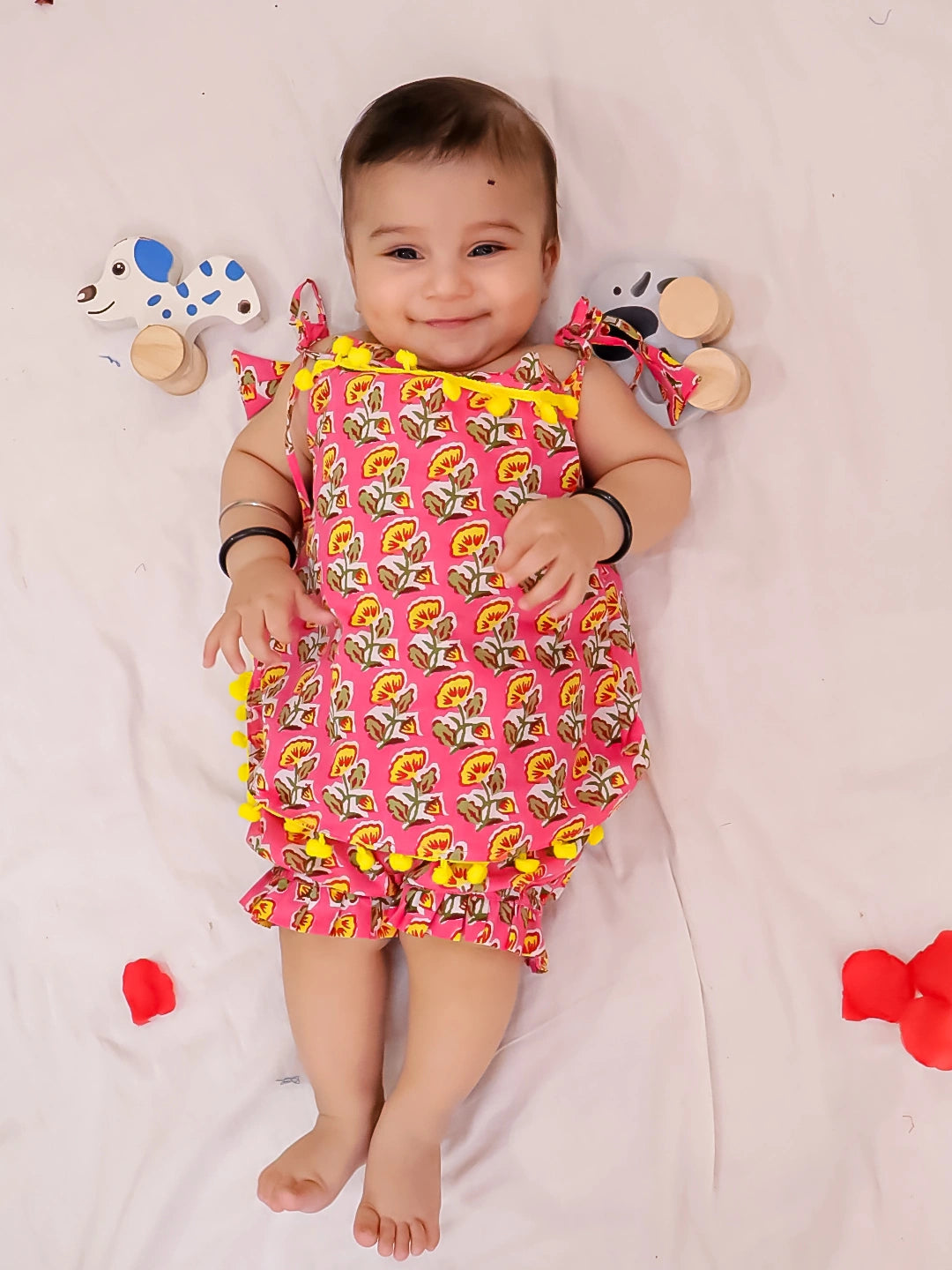 BownBee Infants Pure Cotton Printed Sleeves Jhabla Set for Girls | Soft & Comfortable Baby Wear- White