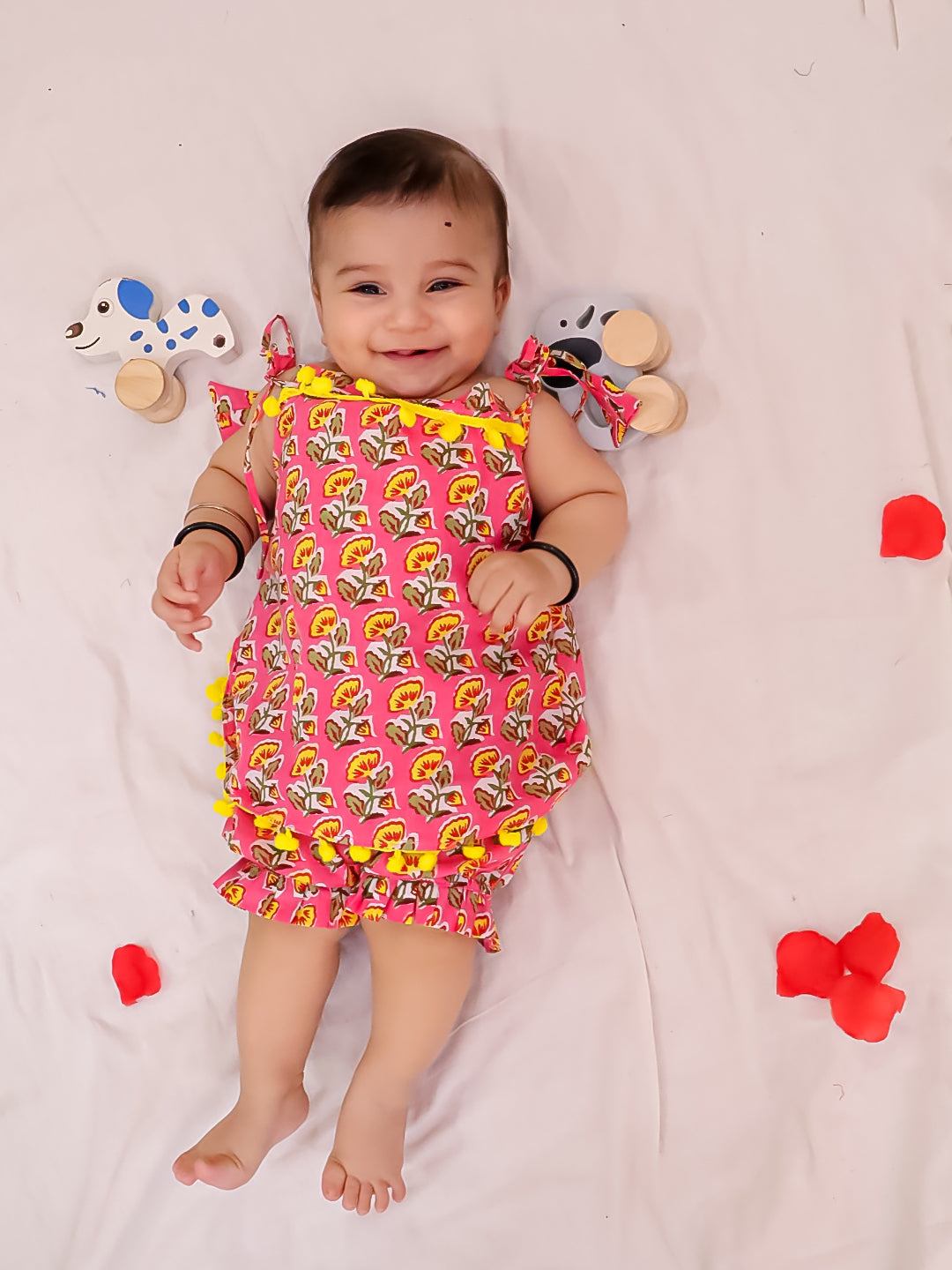 BownBee Infants Pure Cotton Printed Sleeves Jhabla Set for Girls | Soft & Comfortable Baby Wear-  Fushia Pink