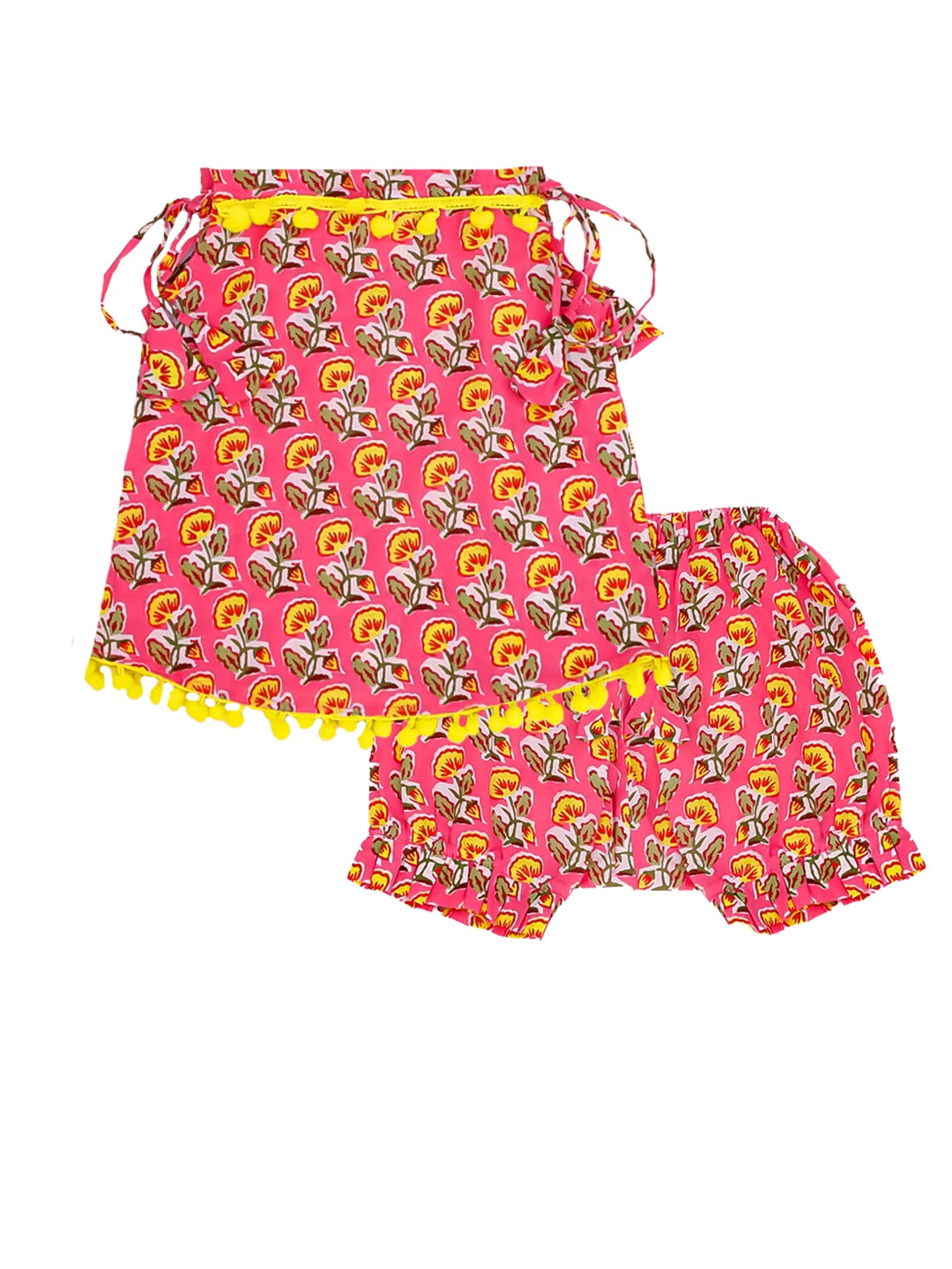 BownBee Infants Pure Cotton Printed Sleeves Jhabla Set for Girls | Soft & Comfortable Baby Wear- Pink