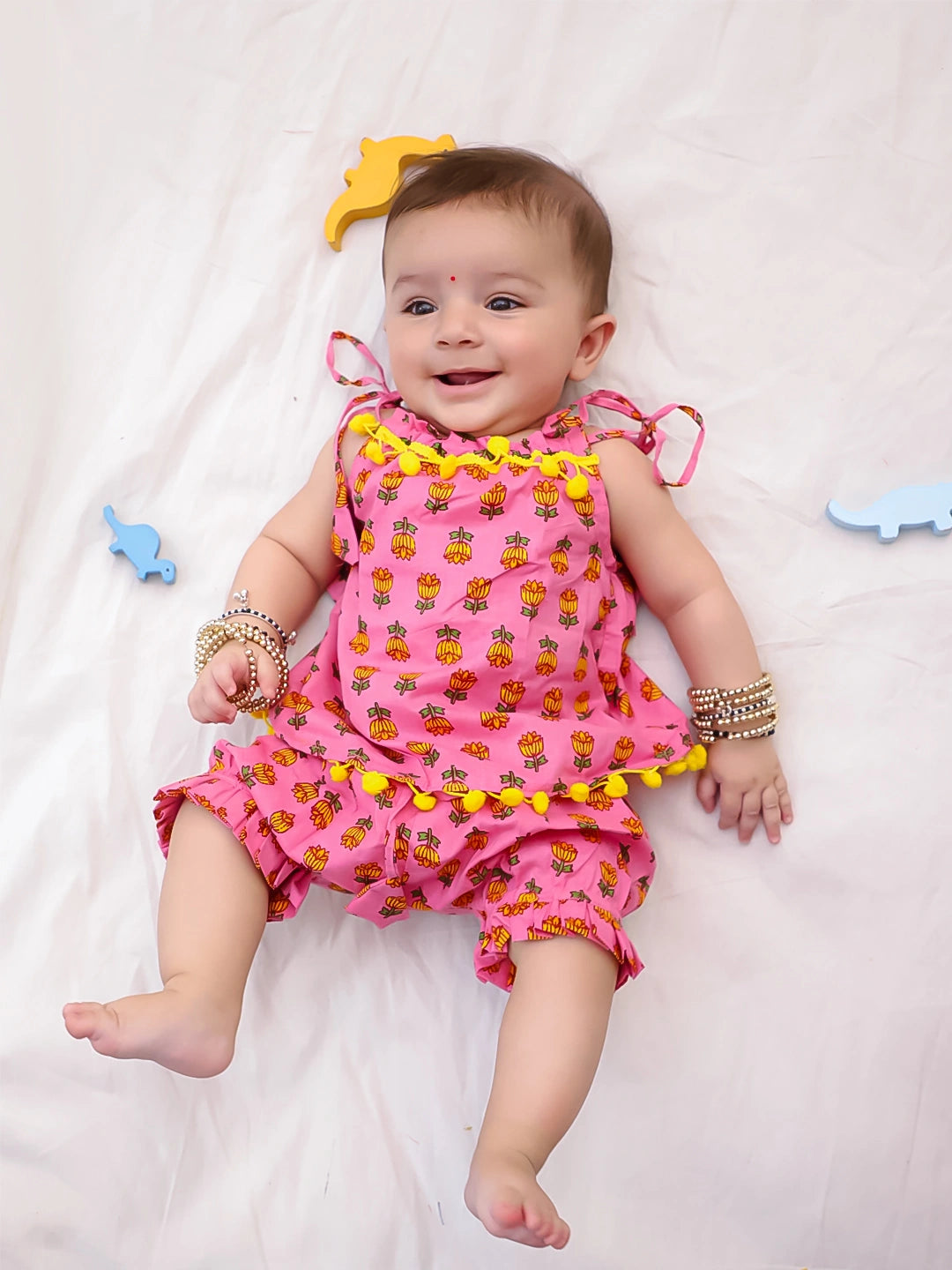 BownBee Infants Pure Cotton Printed Sleeves Jhabla Set for Girls | Soft & Comfortable Baby Wear- White