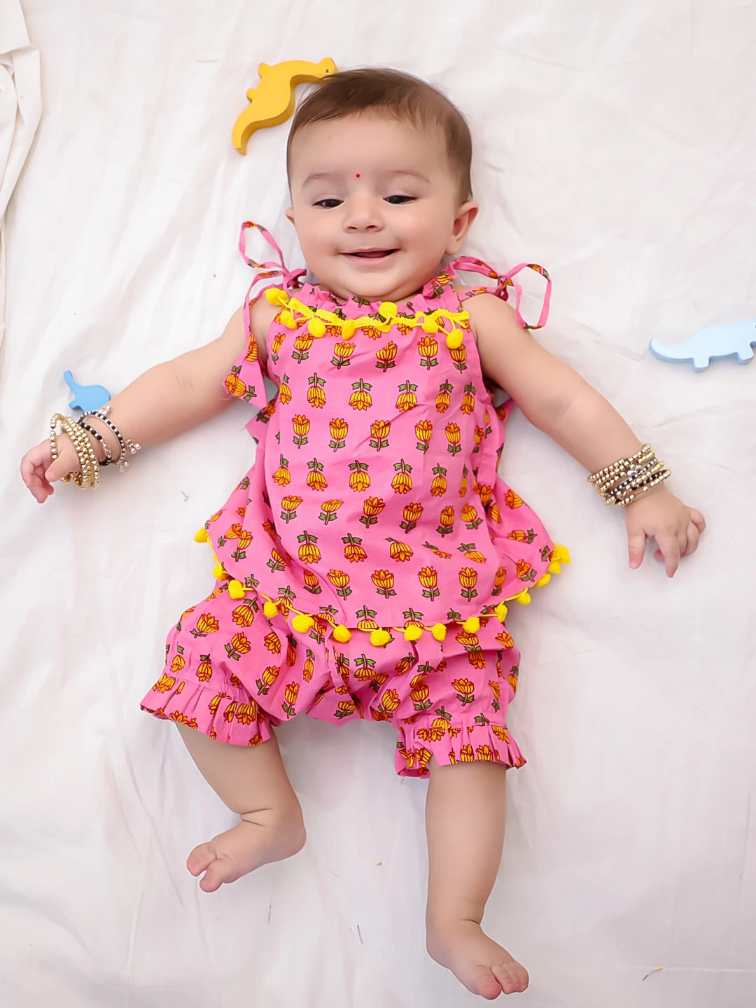 BownBee Infants Pure Cotton Printed Sleeves Jhabla Set for Girls | Soft & Comfortable Baby Wear- White