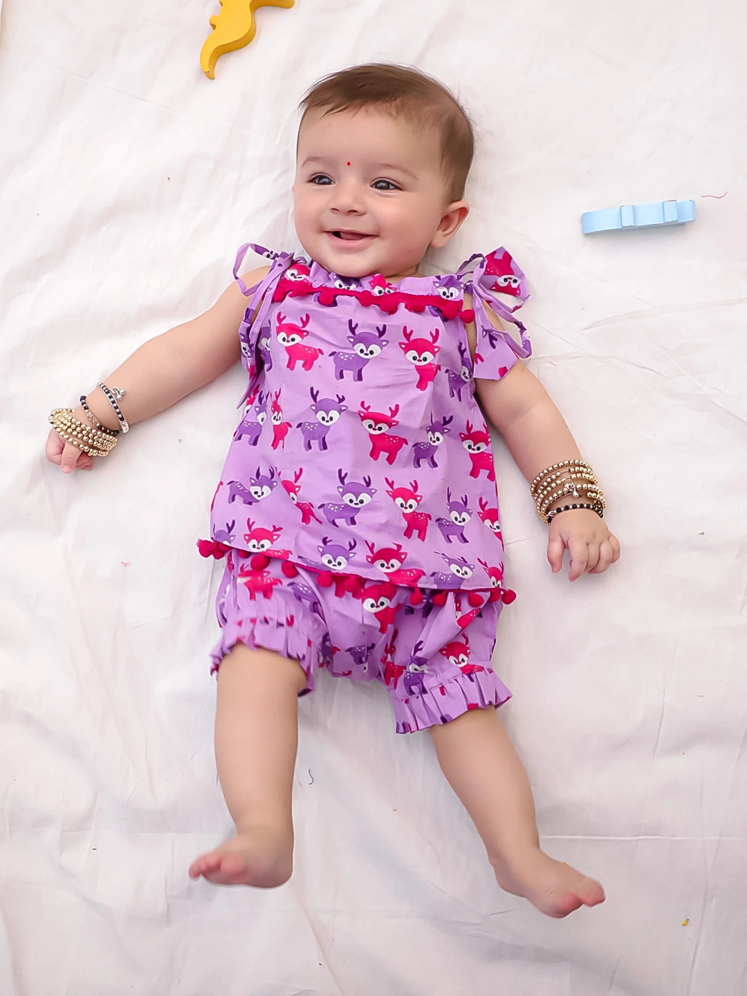 BownBee Infants Pure Cotton Printed Sleeves Jhabla Set for Girls | Soft & Comfortable Baby Wear- White