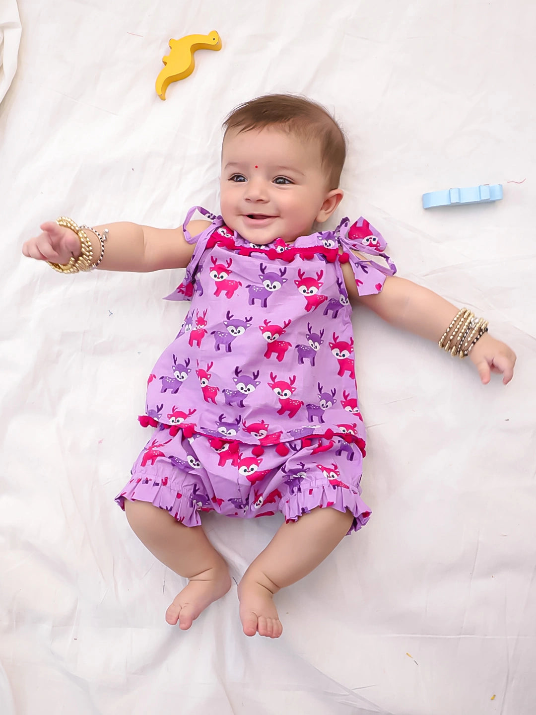 BownBee Infants Pure Cotton Printed Sleeves Jhabla Set for Girls | Soft & Comfortable Baby Wear- White