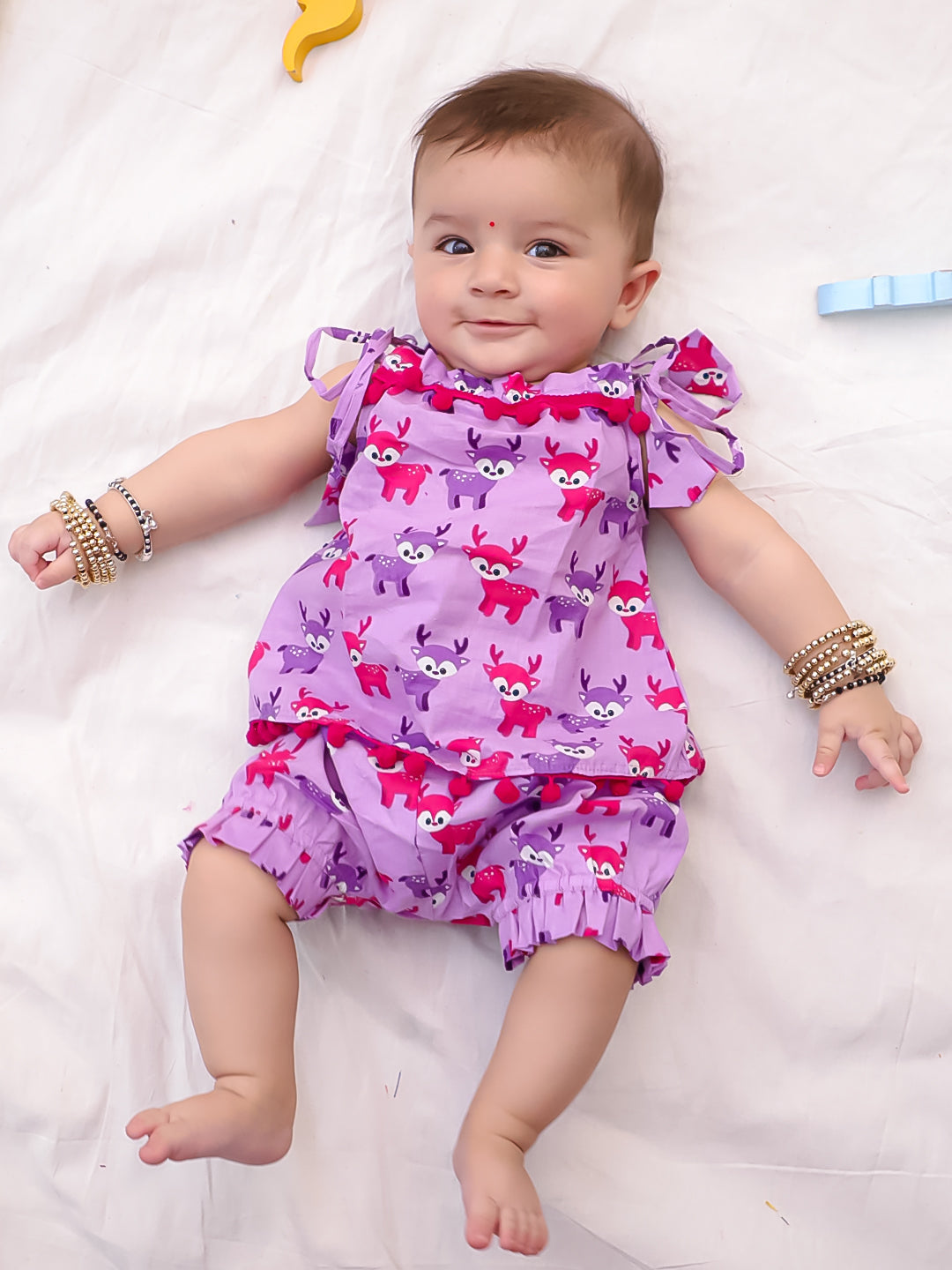 BownBee Infants Pure Cotton Printed Sleeves Jhabla Set for Girls | Soft & Comfortable Baby Wear- Purple