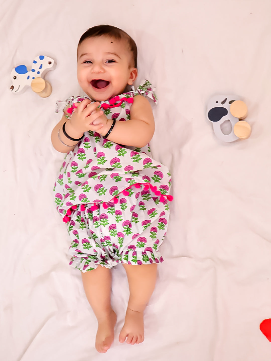 BownBee Infants Pure Cotton Printed Sleeves Jhabla Set for Girls | Soft & Comfortable Baby Wear-  Fushia Pink