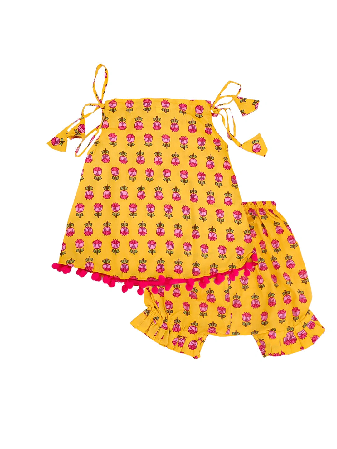 BownBee Infants Pure Cotton Printed Sleeves Jhabla Set for Girls | Soft & Comfortable Baby Wear- White