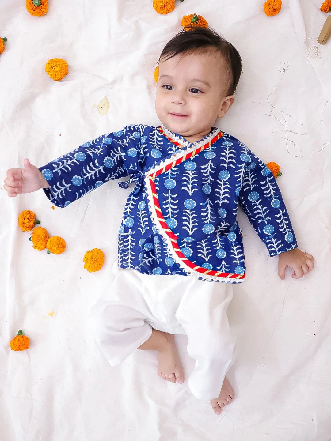 Bownbee Boys Cotton Kurta Pajama For Infants  - Floral - Blue