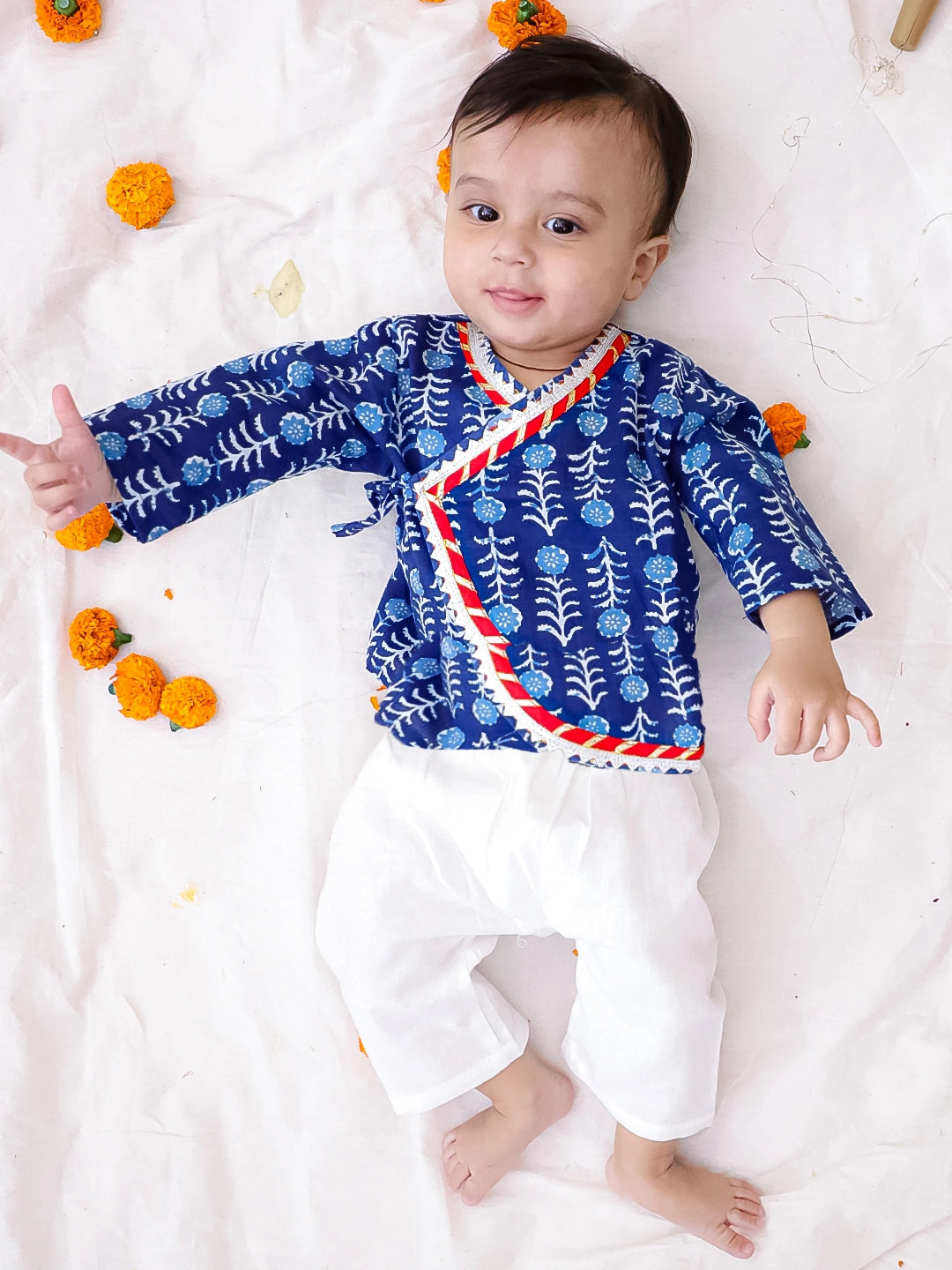 Bownbee Boys Cotton Kurta Pajama For Infants  - Floral - Blue