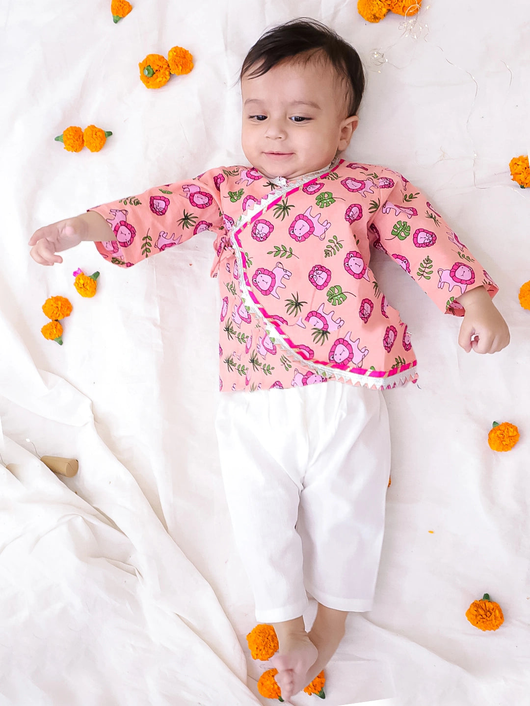 Bownbee Boys Cotton Kurta Pajama For Infants  - Animal Print - Pink