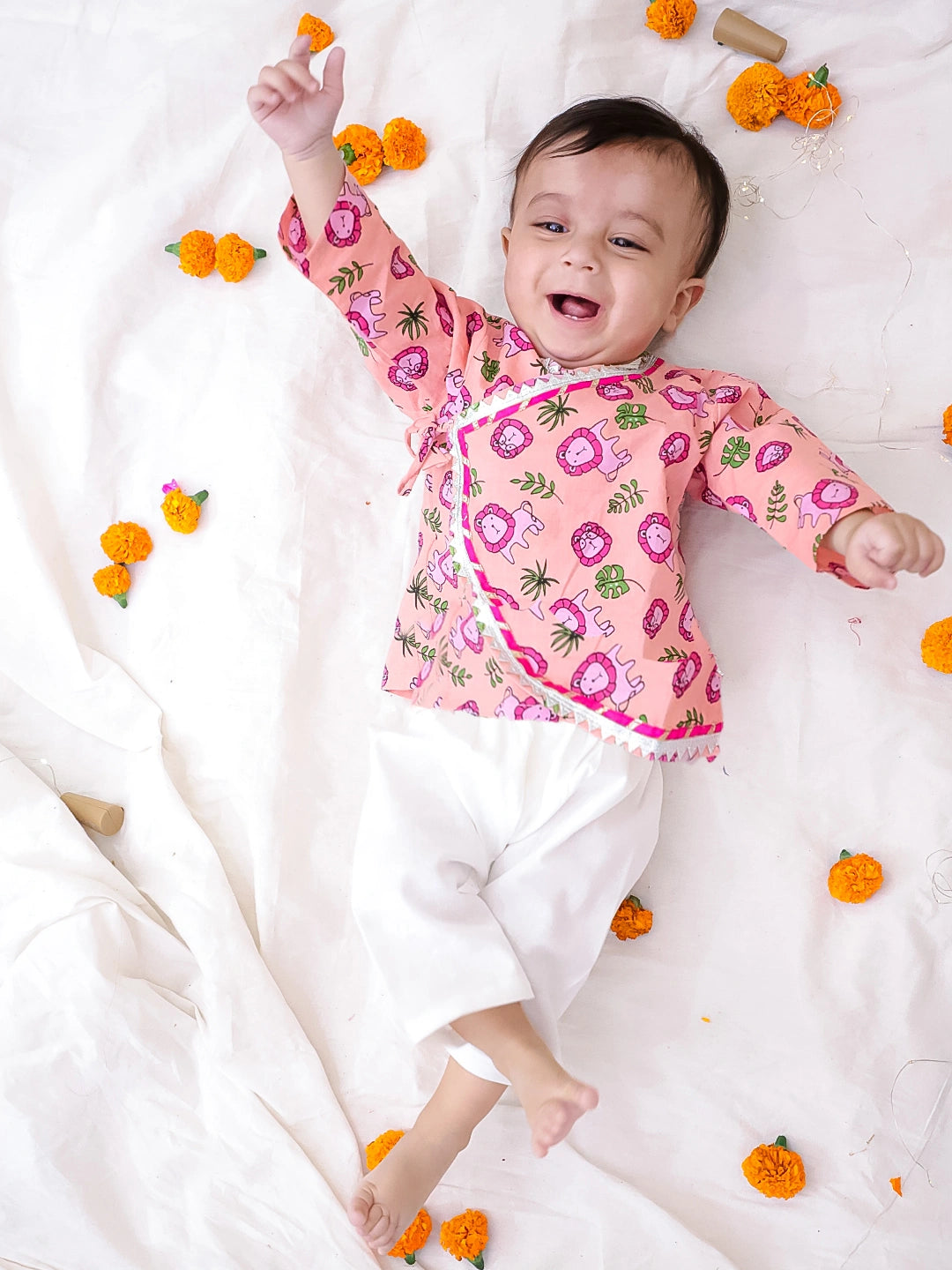 Bownbee Boys Cotton Kurta Pajama For Infants  - Animal Print - Pink