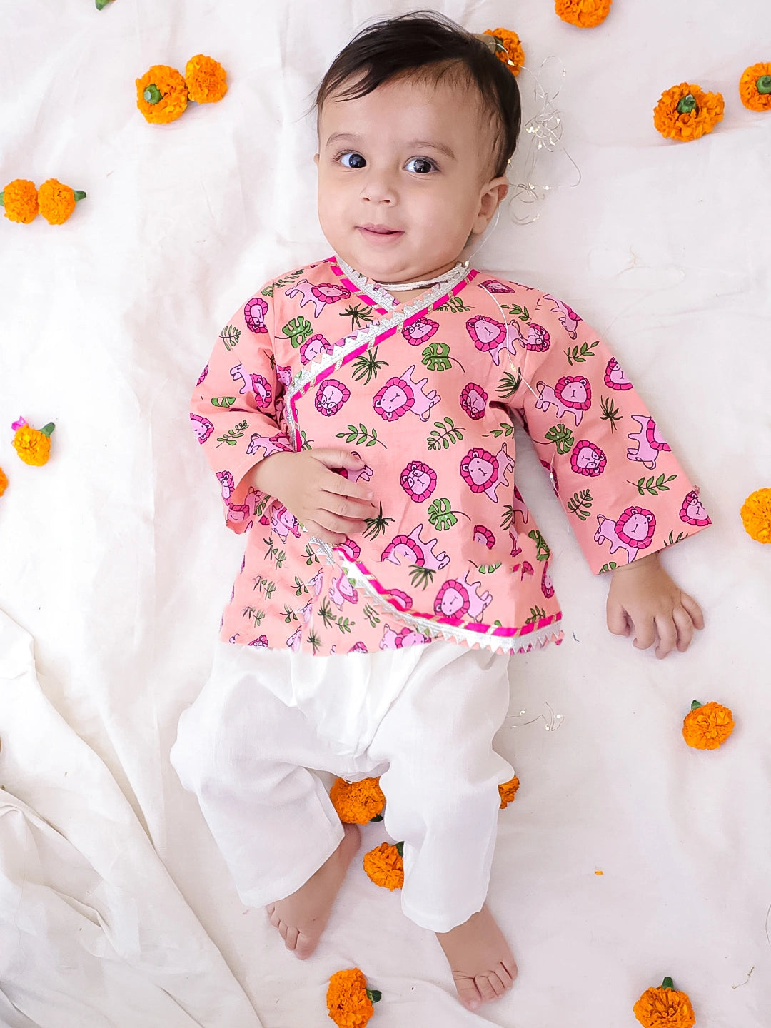 Bownbee Boys Cotton Kurta Pajama For Infants  - Animal Print - Pink