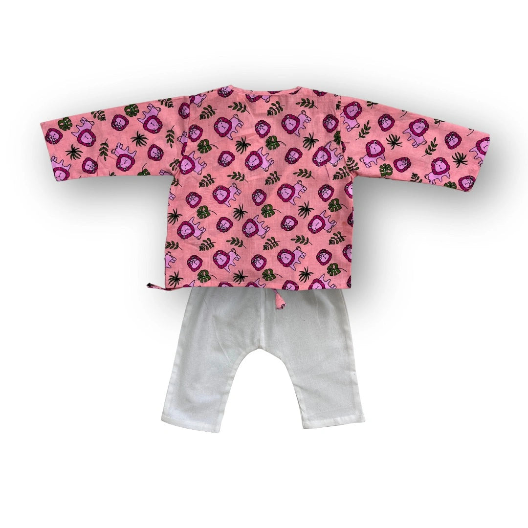 Bownbee Boys Cotton Kurta Pajama For Infants  - Animal Print - Pink