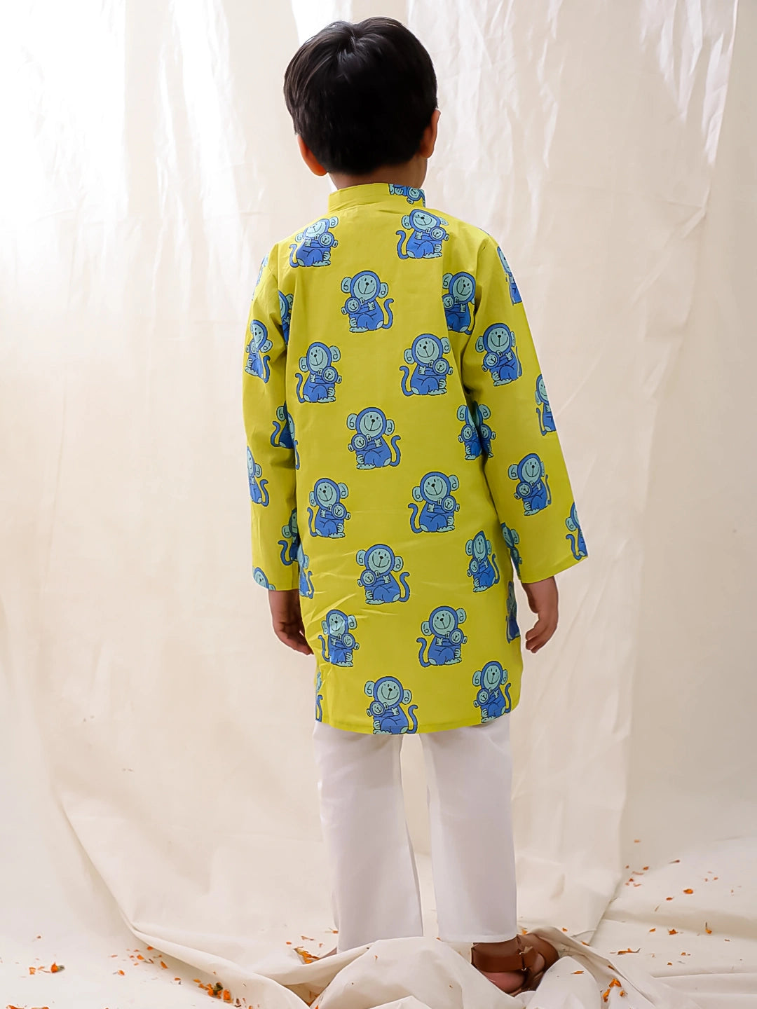 BownBee Pure Cotton Quirky Printed Full Sleeves Kurta Pajama Set For Boys - Yellow