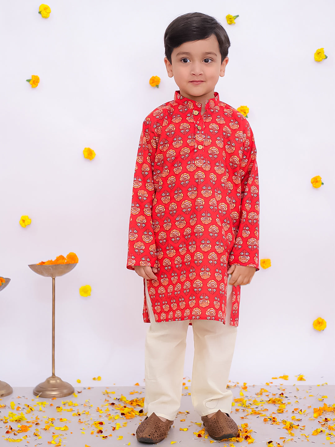 BownBee Festive Lehenga Choli & Kurta Pajama Sibling Set - Red