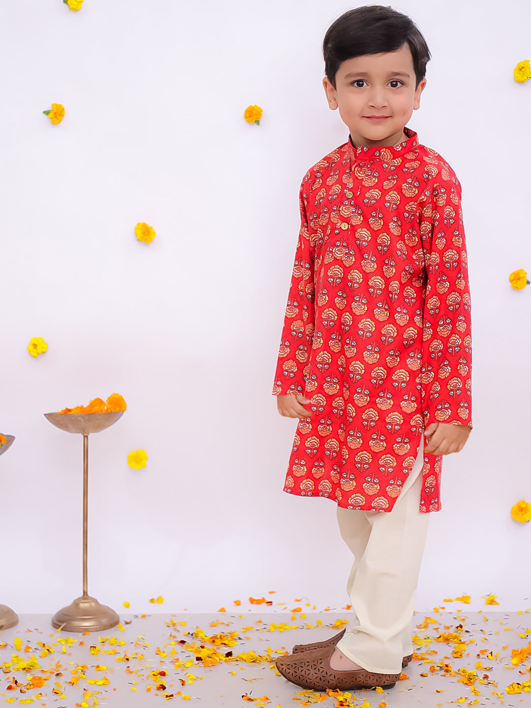 BownBee Festive Lehenga Choli & Kurta Pajama Sibling Set - Red