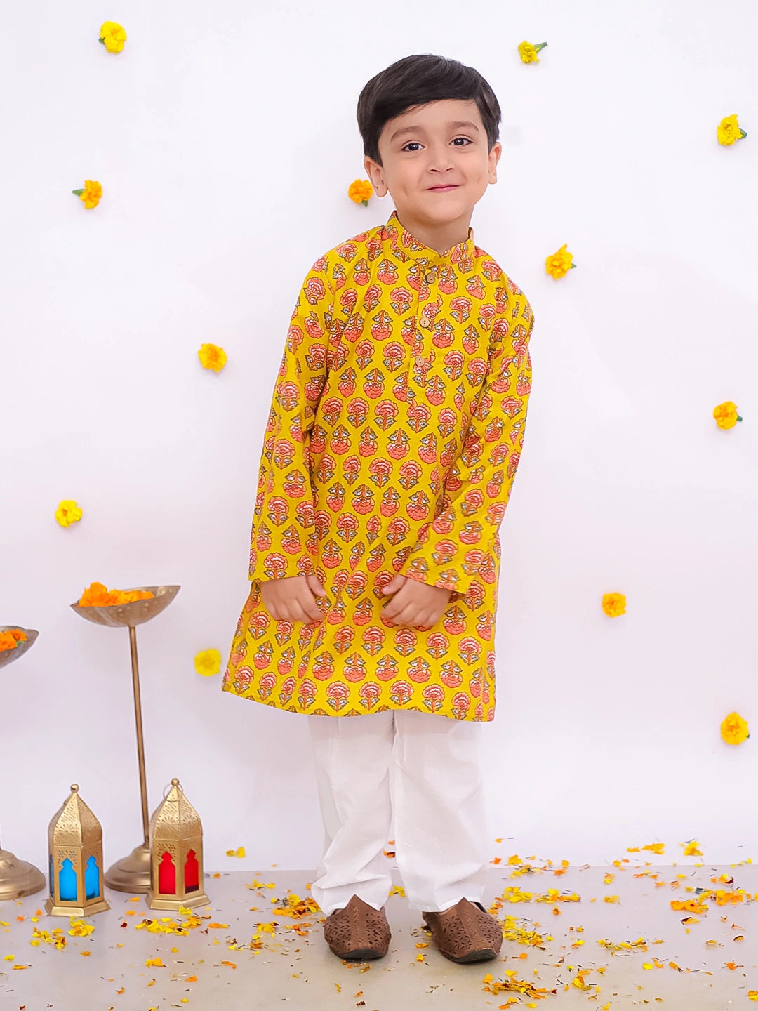 BownBee Pure Cotton Printed Full Sleeves Kurta Pajama Set For Boys - Yellow