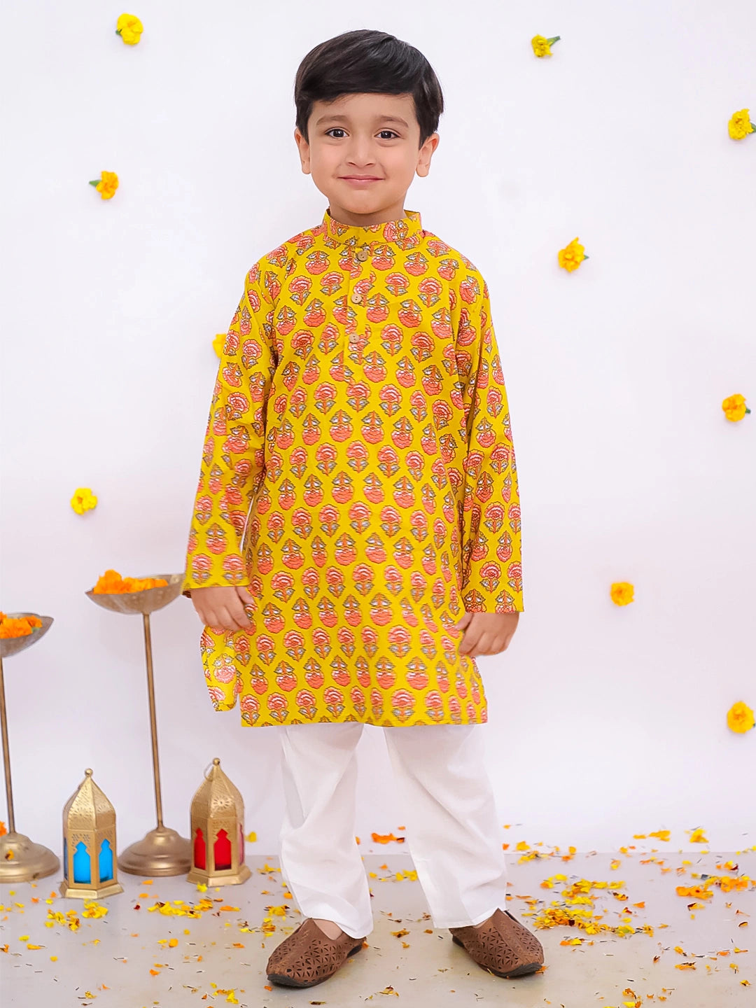 BownBee Pure Cotton Printed Full Sleeves Kurta Pajama Set For Boys - Yellow