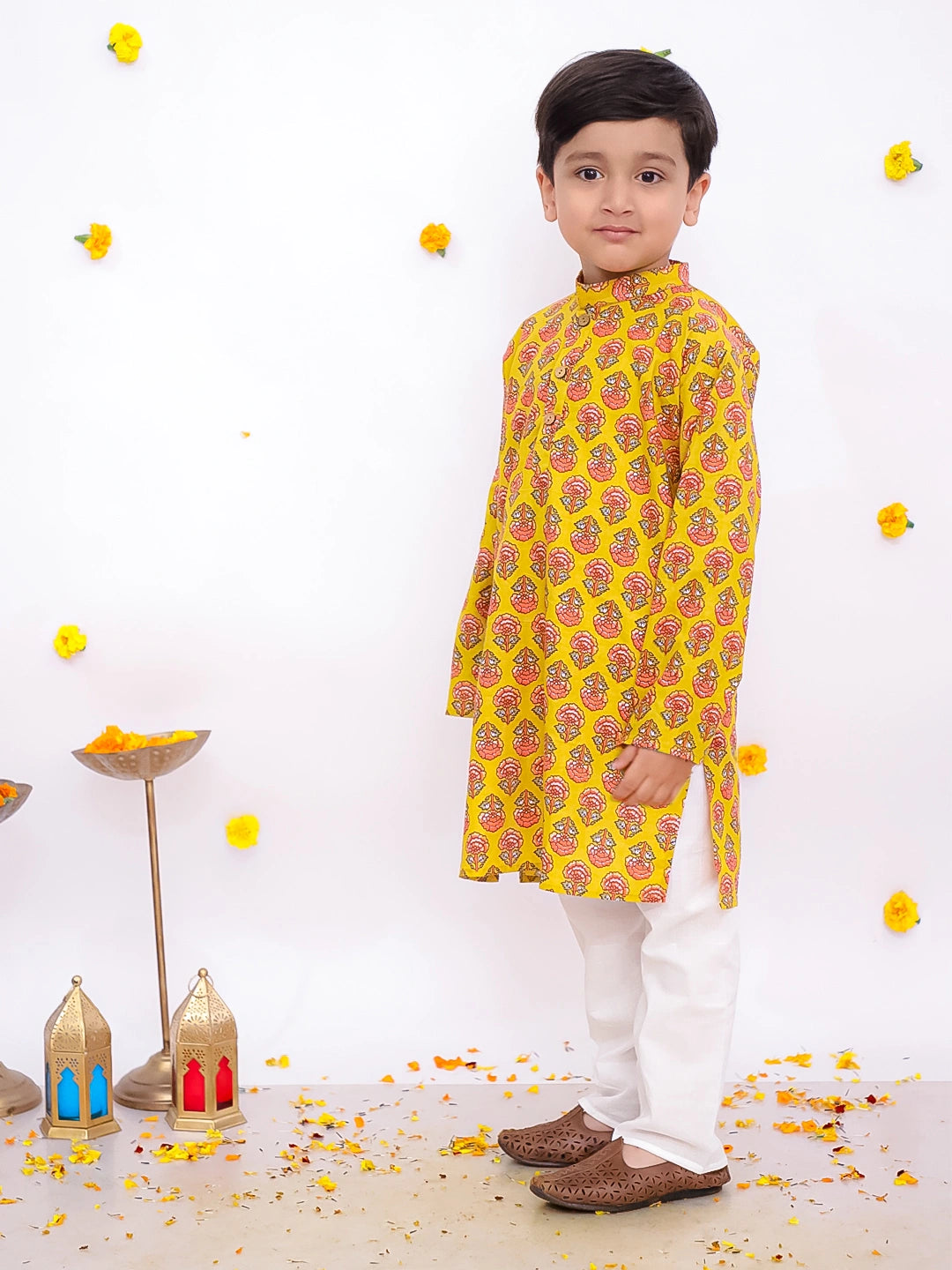 BownBee Pure Cotton Printed Full Sleeves Kurta Pajama Set For Boys - Yellow