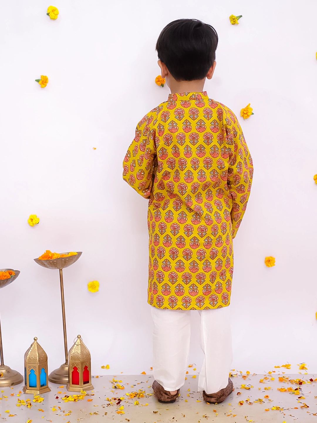 BownBee Pure Cotton Printed Full Sleeves Kurta Pajama Set For Boys - Yellow
