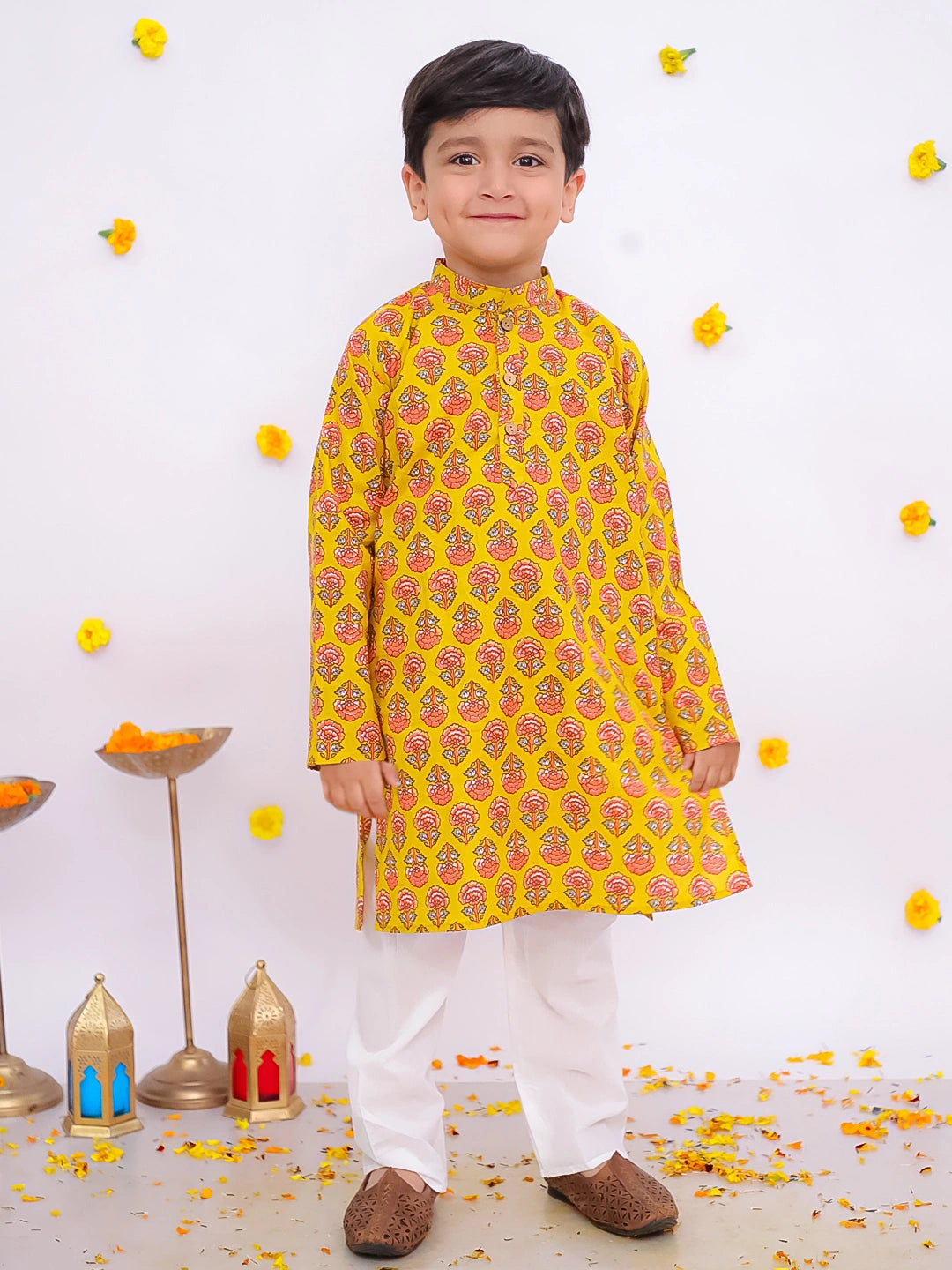 BownBee Pure Cotton Printed Full Sleeves Kurta Pajama Set For Boys - Purple