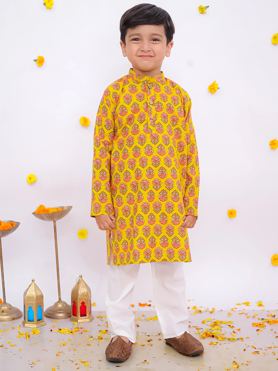 BownBee Pure Cotton Printed Full Sleeves Kurta Pajama Set For Boys - Purple