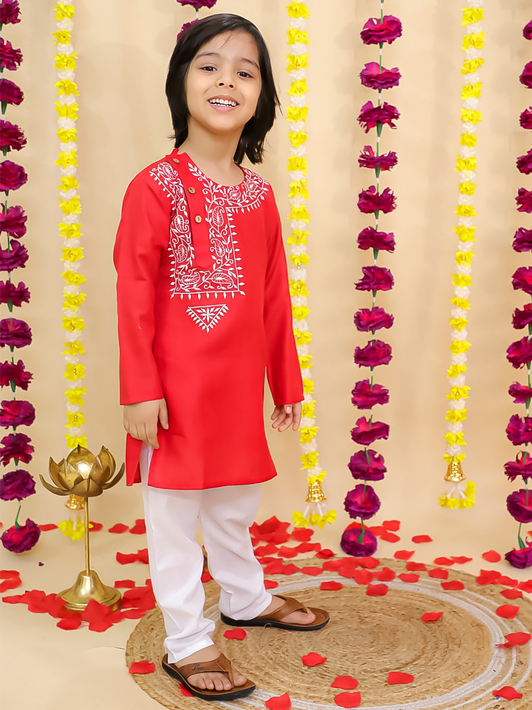 BownBee Embroidered Bengali Style Kurta with pajama for Boys- Red