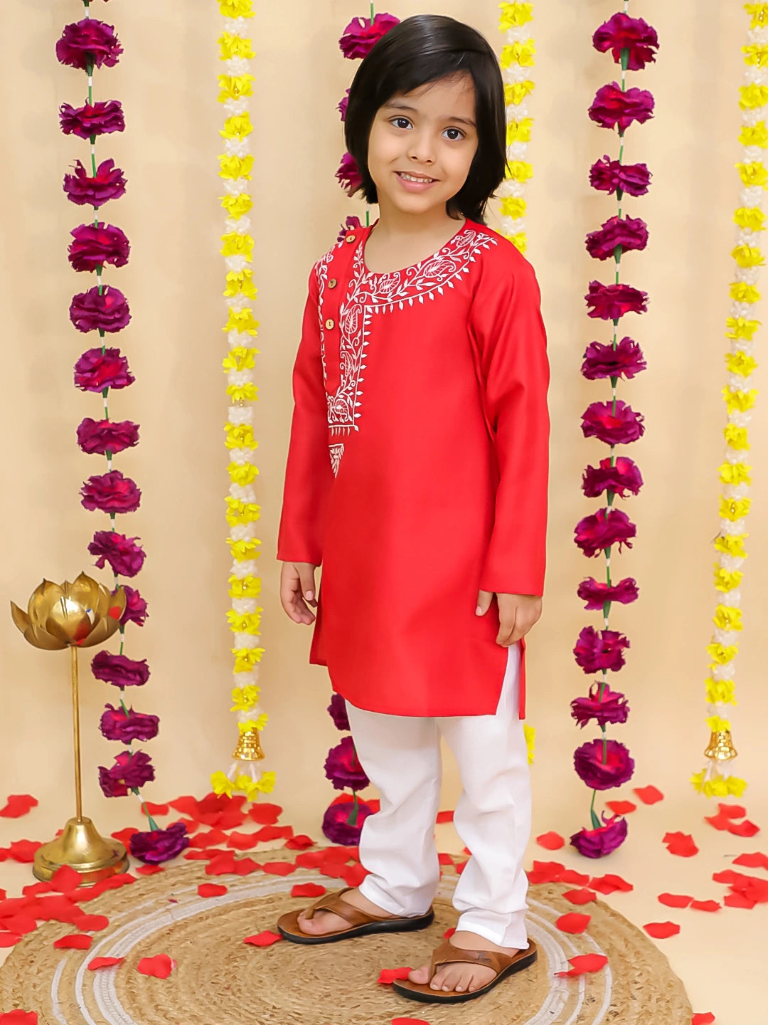 BownBee Embroidered Bengali Style Kurta with pajama for Boys- White