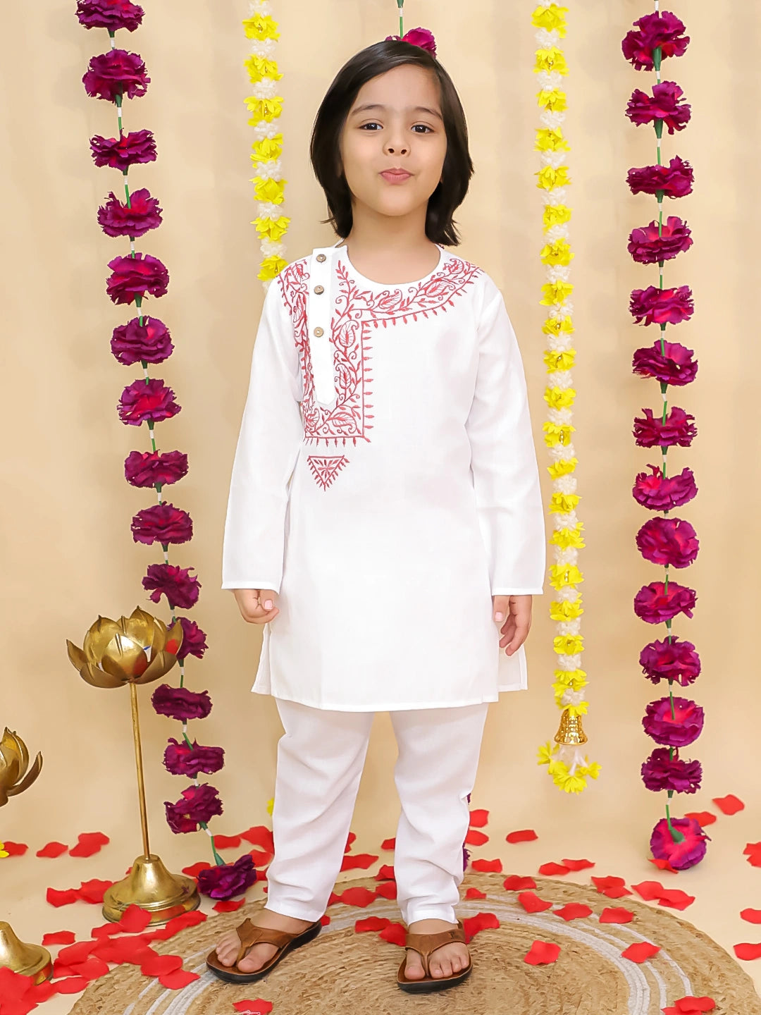 BownBee Embroidered Bengali Style Kurta with pajama for Boys- White