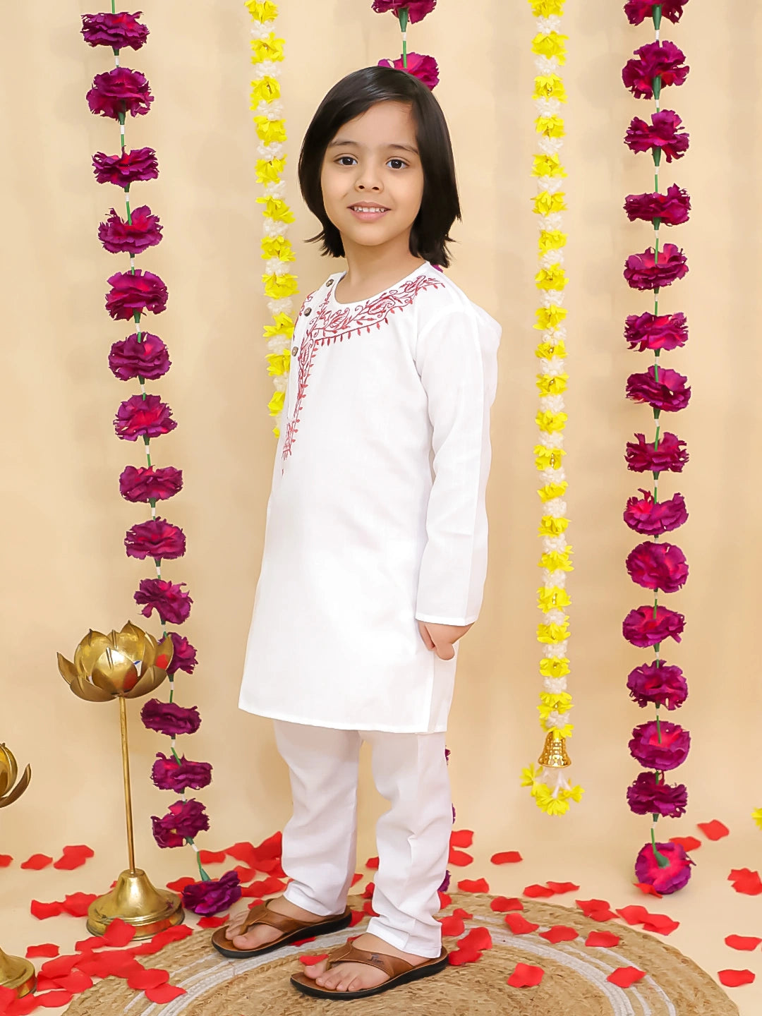BownBee Embroidered Bengali Style Kurta with pajama for Boys- White