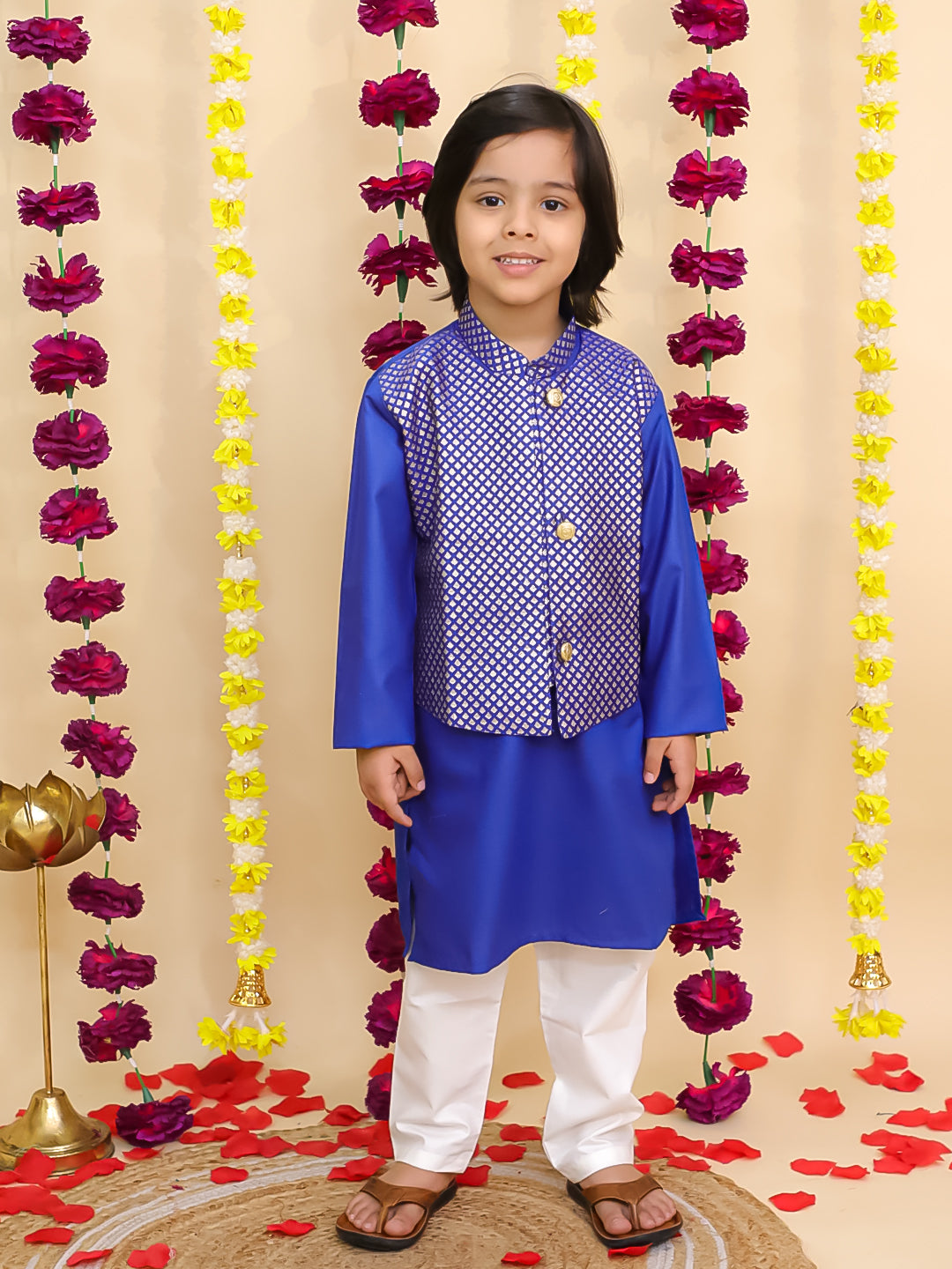 BownBee Jacquard Jacket with Solid Cotton Kurta Pajama Set for Boys- Blue