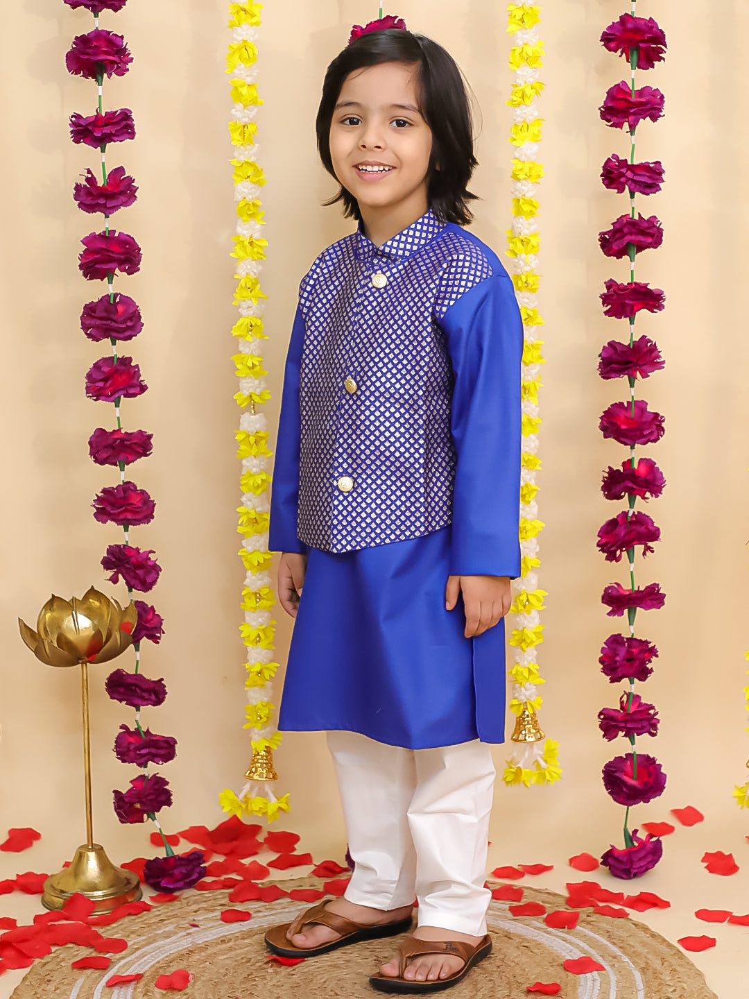 BownBee Jacquard Jacket with Solid Cotton Kurta Pajama Set for Boys- Blue