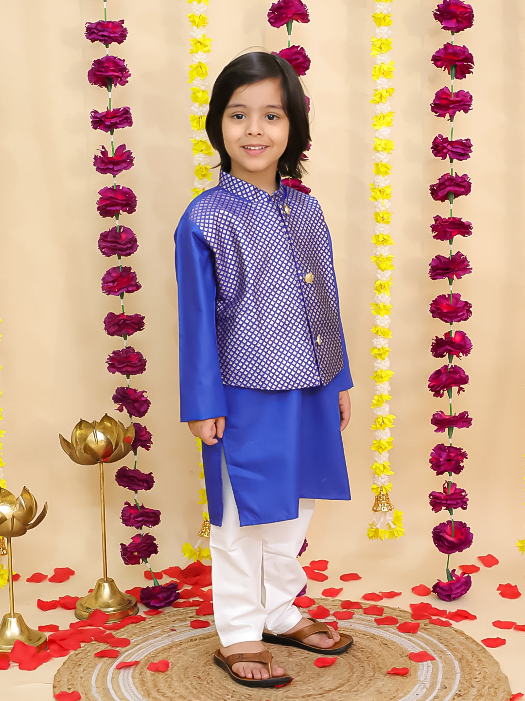 BownBee Jacquard Jacket with Solid Cotton Kurta Pajama Set for Boys- Blue
