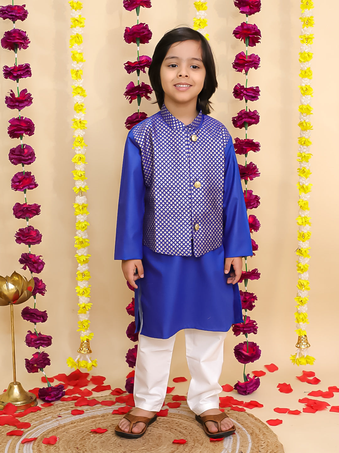BownBee Jacquard Jacket with Solid Cotton Kurta Pajama Set for Boys- Lilac