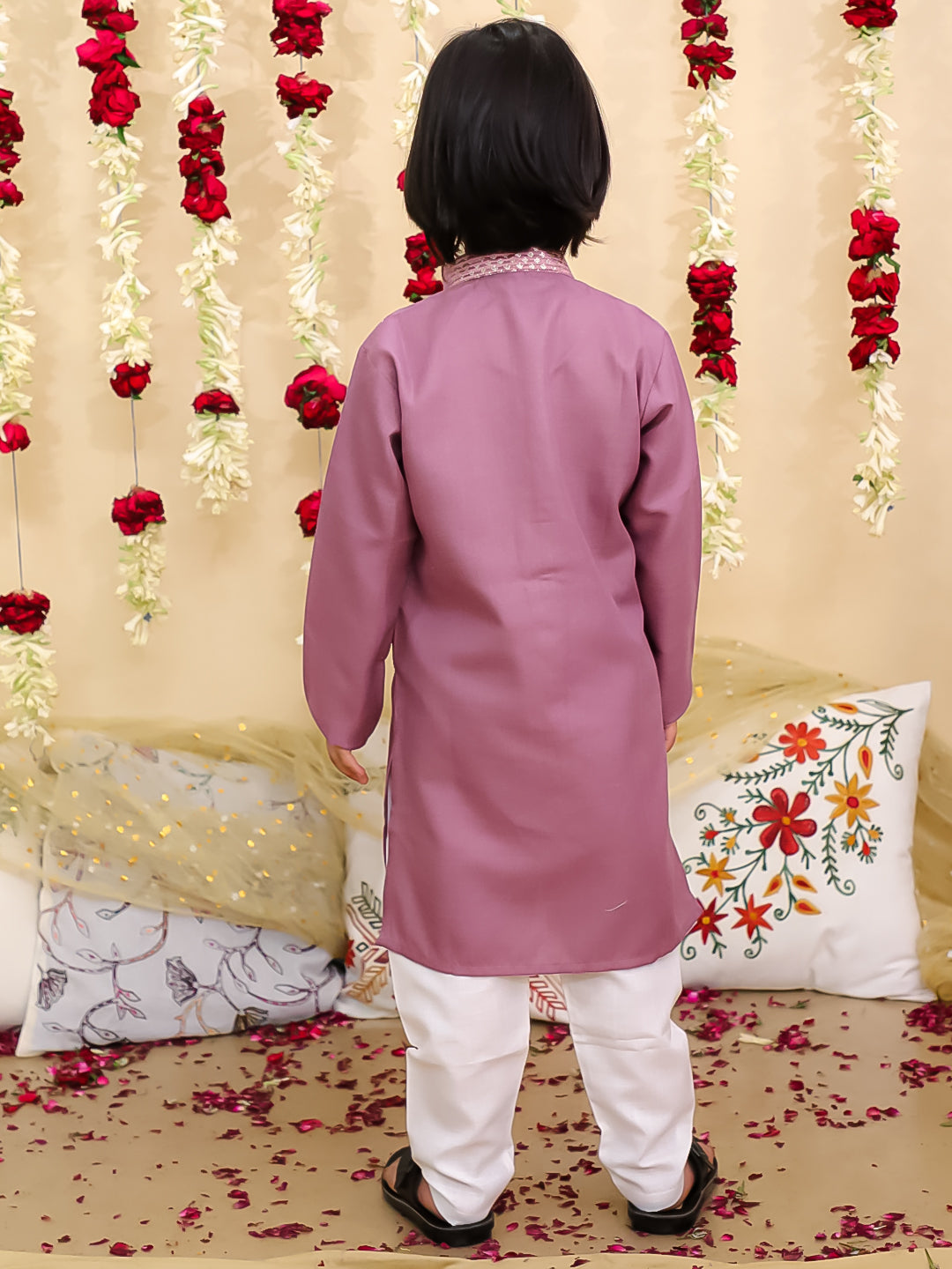 BownBee Jacquard Jacket with Solid Cotton Kurta Pajama Set for Boys- Lilac