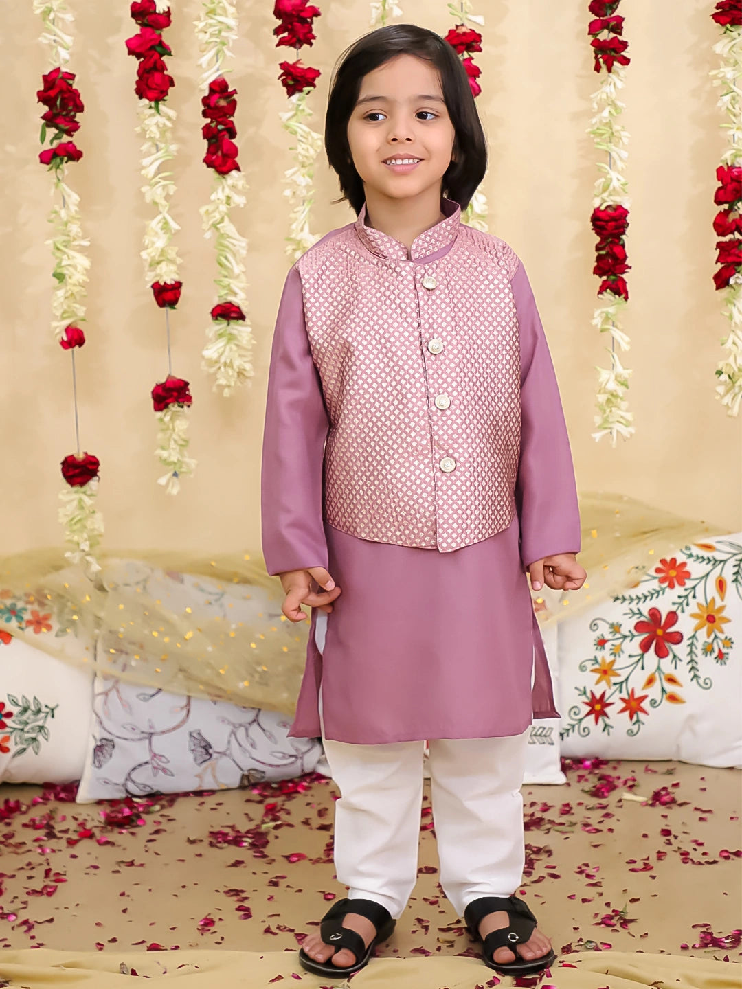 BownBee Jacquard Jacket with Solid Cotton Kurta Pajama Set for Boys- Maroon