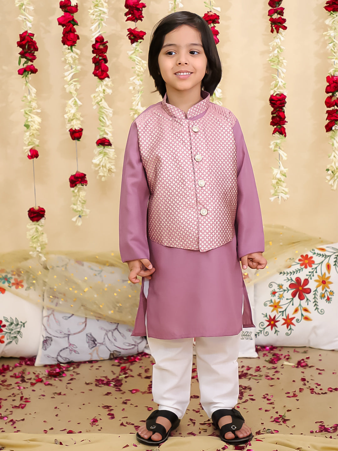 BownBee Jacquard Jacket with Solid Cotton Kurta Pajama Set for Boys- Blue