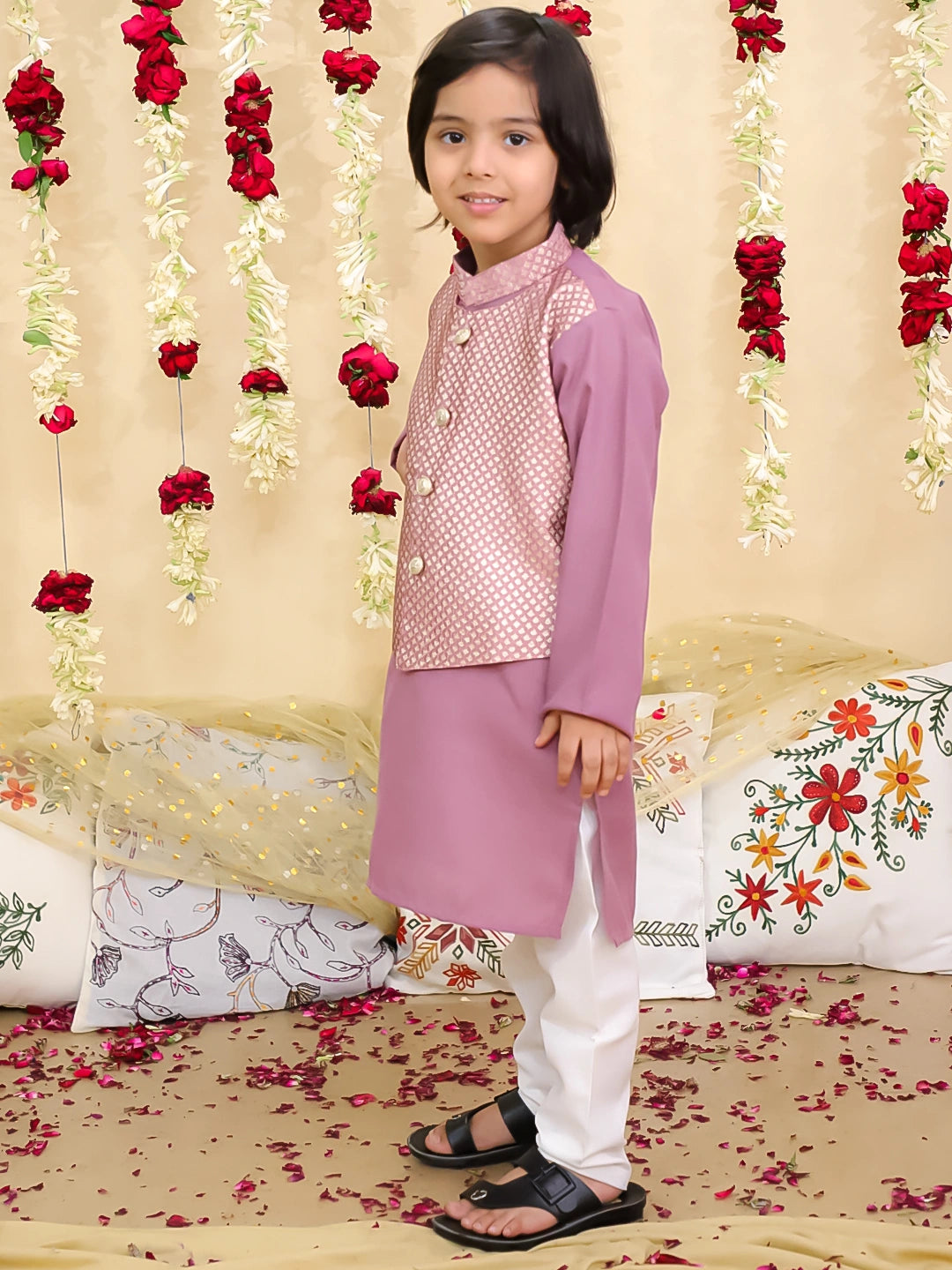 BownBee Jacquard Jacket with Solid Cotton Kurta Pajama Set for Boys- Blue
