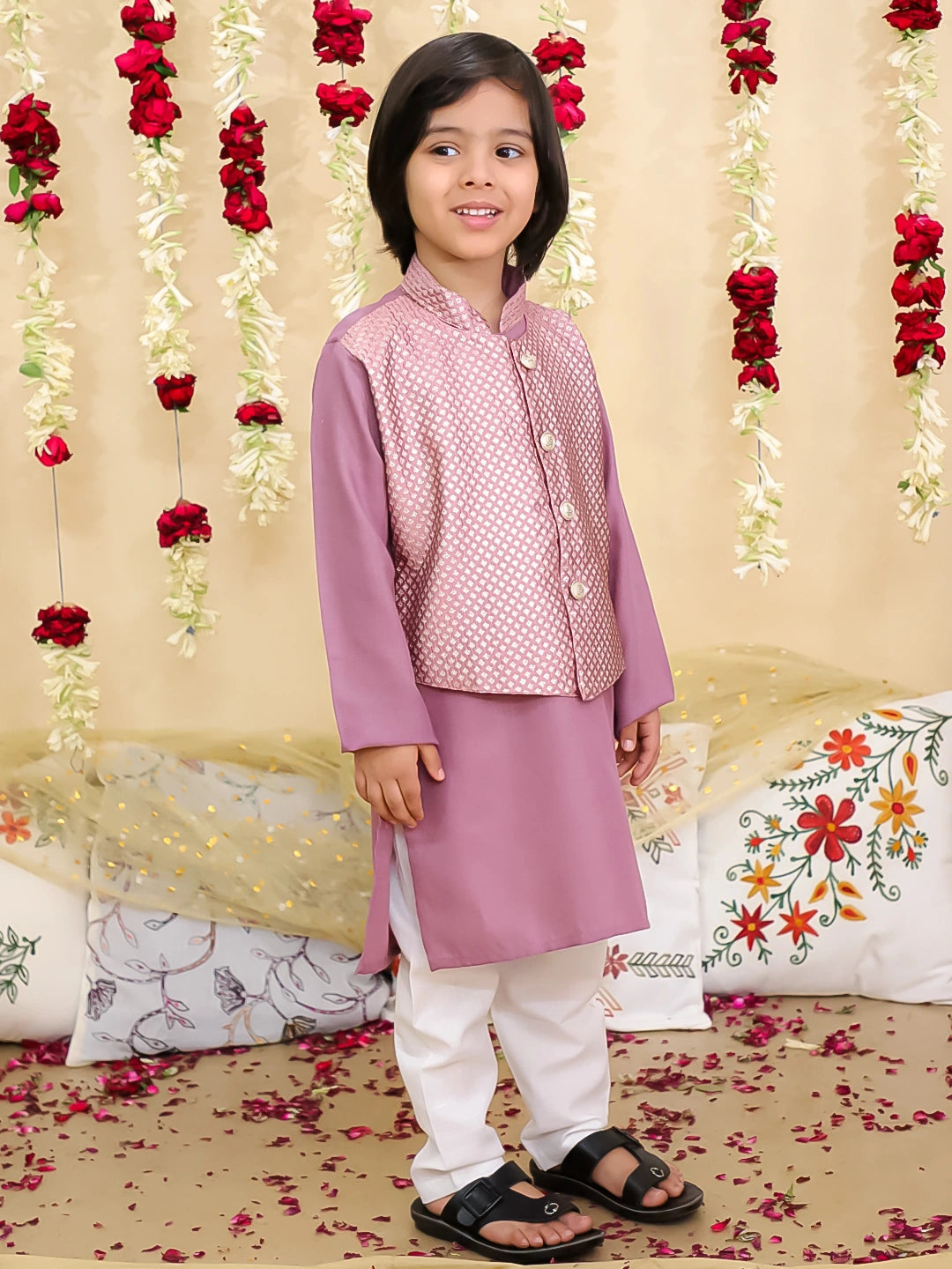 BownBee Jacquard Jacket with Solid Cotton Kurta Pajama Set for Boys- Maroon